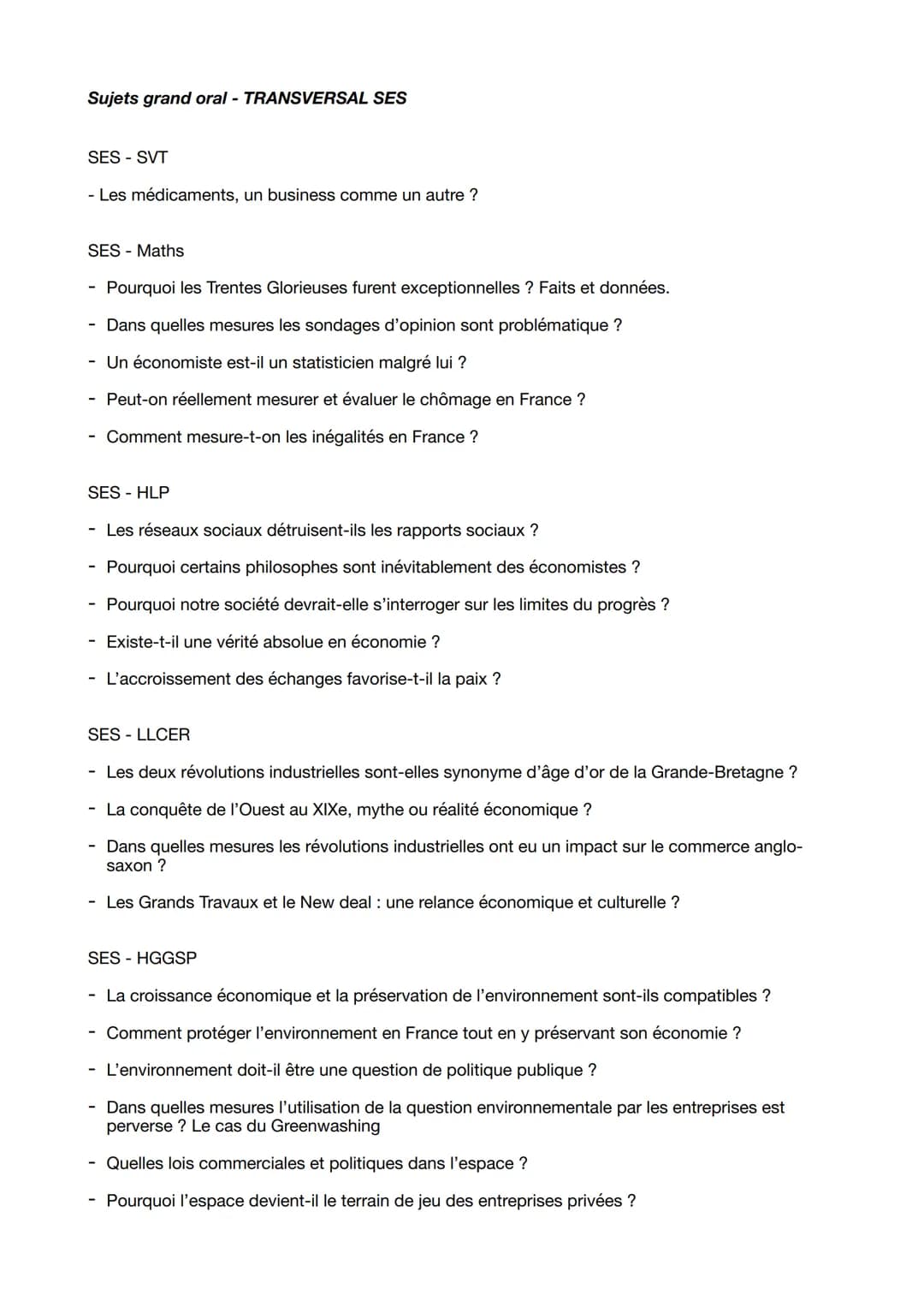 # Sujets grand oral - TRANSVERSAL SES
## SES - SVT
- Les médicaments, un business comme un autre ?
## SES - Maths
- Pourquoi les Trentes G