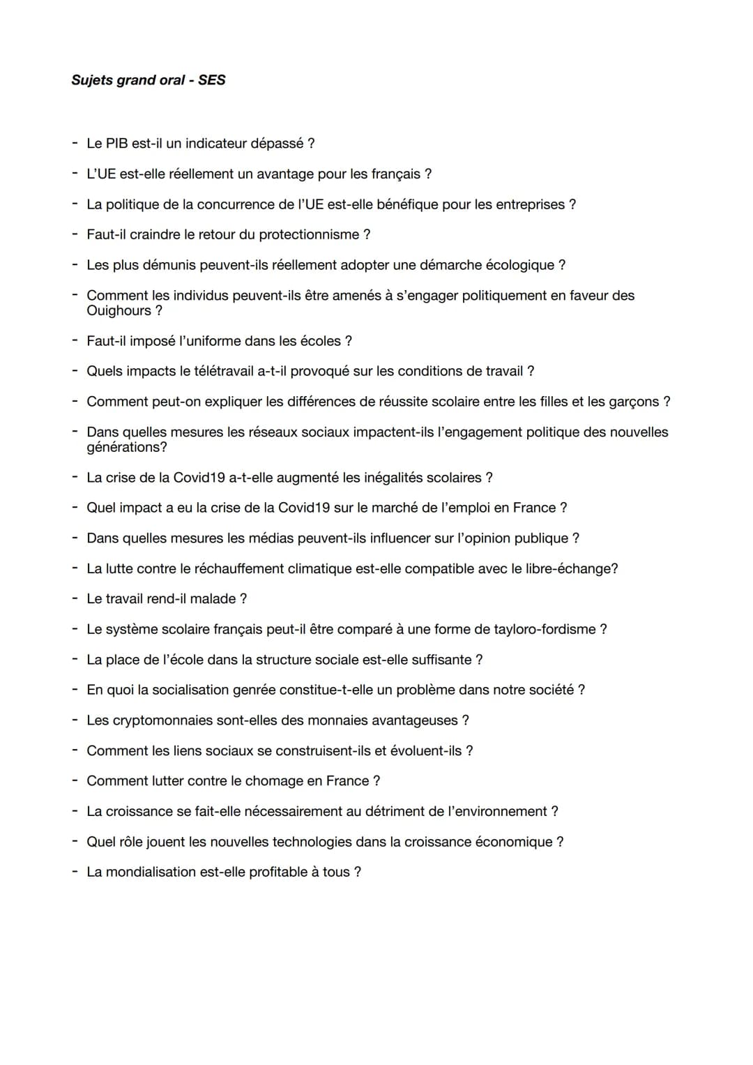 # Sujets grand oral - TRANSVERSAL SES
## SES - SVT
- Les médicaments, un business comme un autre ?
## SES - Maths
- Pourquoi les Trentes G