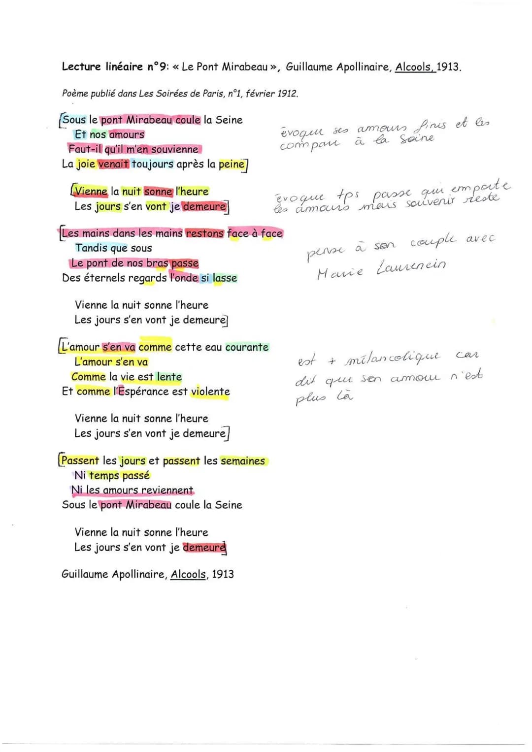 # Texte n°9
Le Pont Mirabeau, Guillaume Apollinaire, Alcools, 1913
Guillaume Apollinaire est un poète et écrivain de la fin 19e début 20e qu