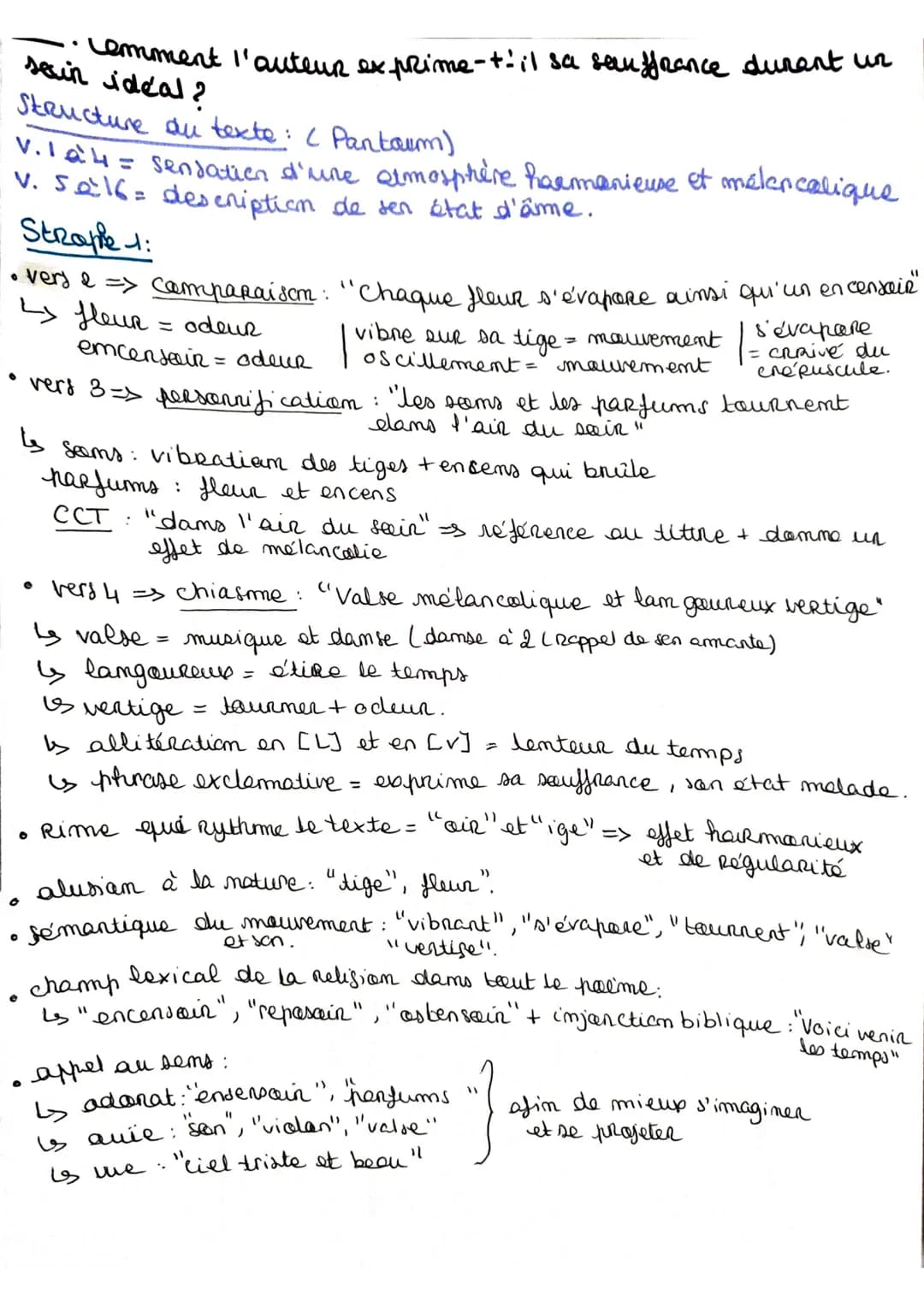 - Comment l'auteur exprime-t-il sa souffrance durant un
sein idéal?
Structure du texte : (Pantaum)
V.1 à 4 = sensation d'une atmosphère harm