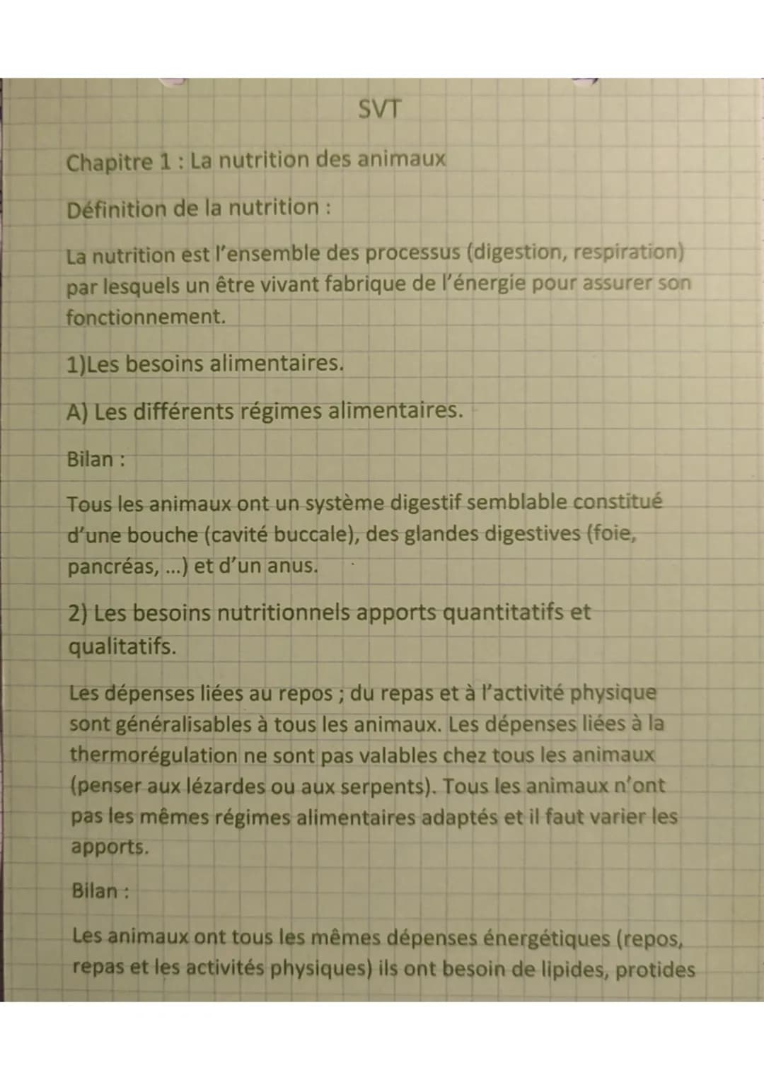 # SVT
## Chapitre 1: La nutrition des animaux
### Définition de la nutrition:
La nutrition est l'ensemble des processus (digestion, respirat