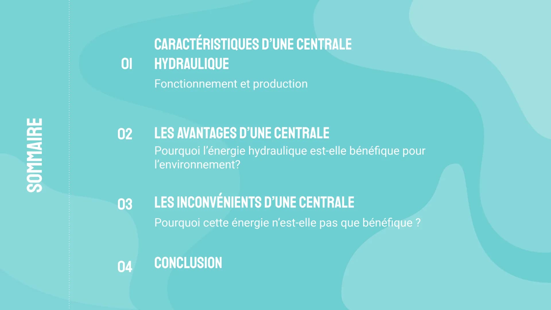 Voici notre exposé sur les centrales hydroélectriques.
Nous allons tout d'abord étudier très brièvement ce que sont les centrales hydrauliq