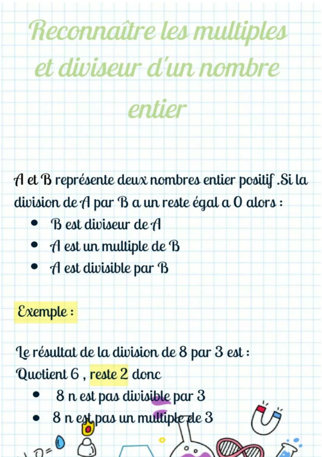 # Reconnaître les multiples
et diviseur d'un nombre
entier
A et B représente deux nombres entier positif.Si la
division de A par B a un res