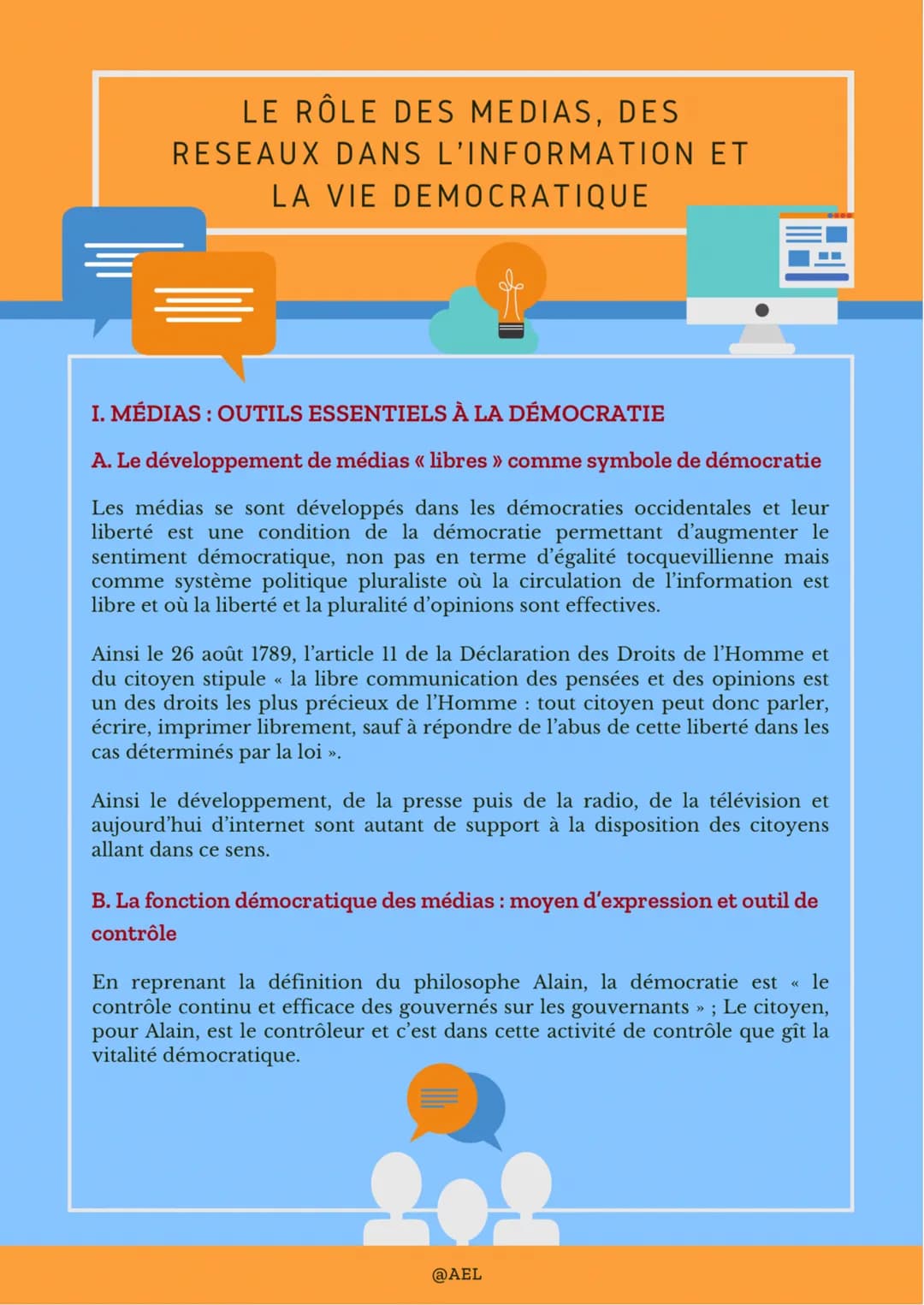 # LE RÔLE DES MEDIAS, DES
# RESEAUX DANS L'INFORMATION ET
# LA VIE DEMOCRATIQUE
## I. MÉDIAS: OUTILS ESSENTIELS À LA DÉMOCRATIE
### A. Le