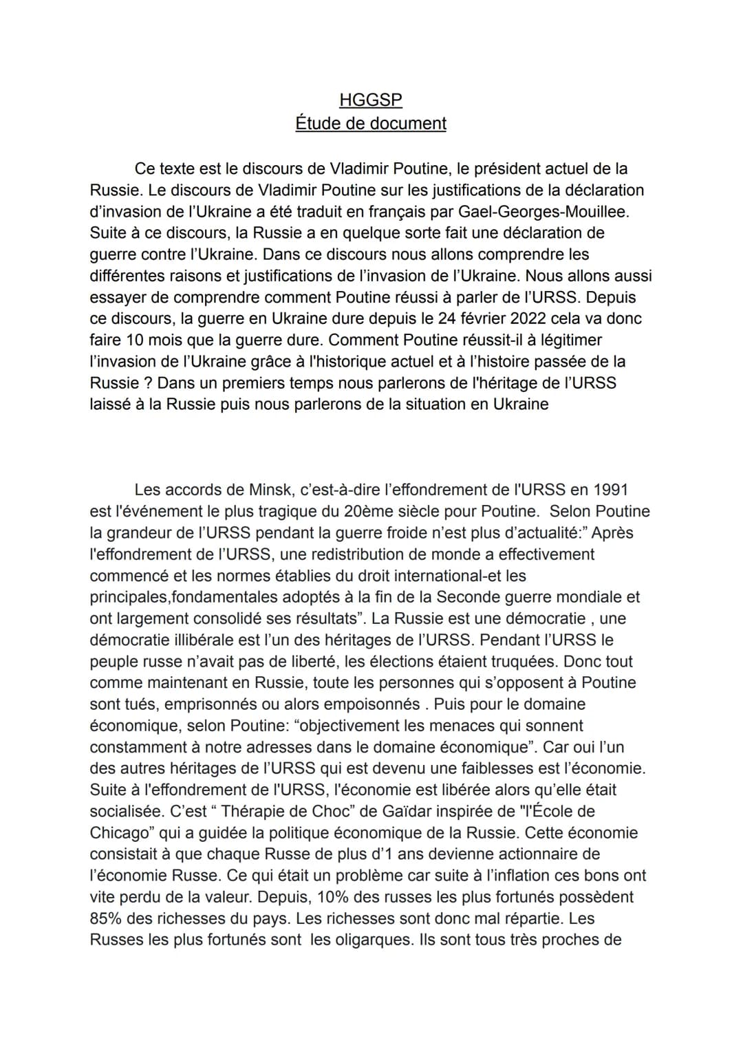 HGGSP
### Étude de document
Ce texte est le discours de Vladimir Poutine, le président actuel de la Russie. Le discours de Vladimir Poutin