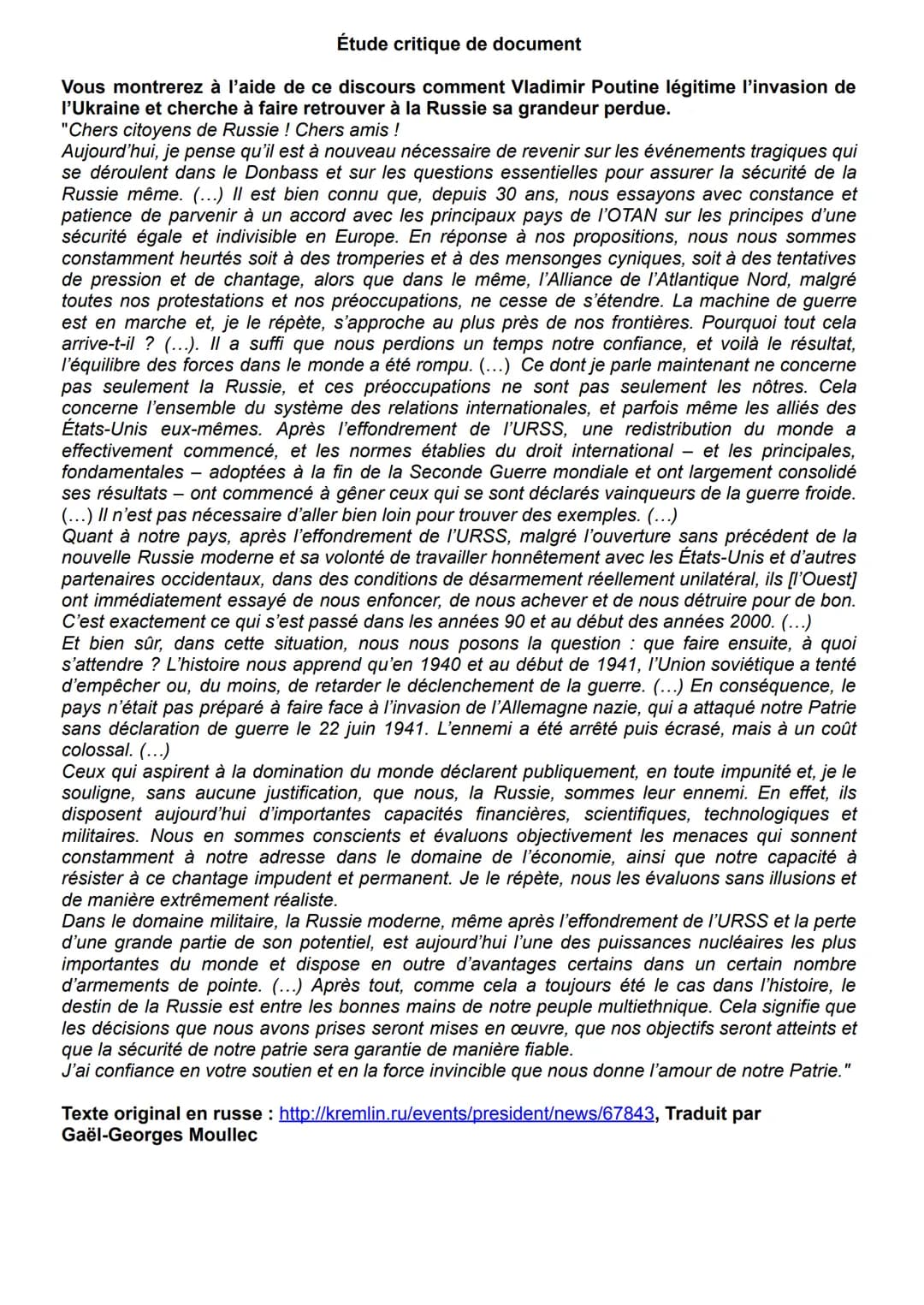 HGGSP
### Étude de document
Ce texte est le discours de Vladimir Poutine, le président actuel de la Russie. Le discours de Vladimir Poutin