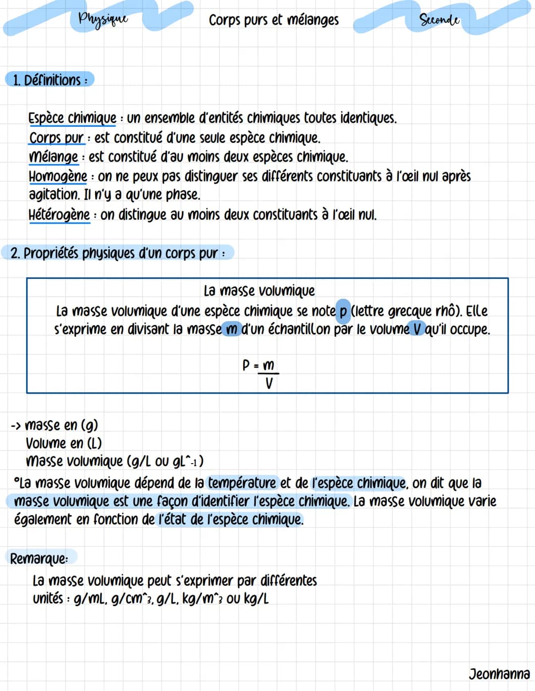 ## Physique
## Corps purs et mélanges
## Seconde
### A connaitre !
$P_{eau} = 1,0 gmL^{-1} = 1000 gL^{-1} = 1000 kgm^{-3}$
$1cm^3 = 1mL = 1