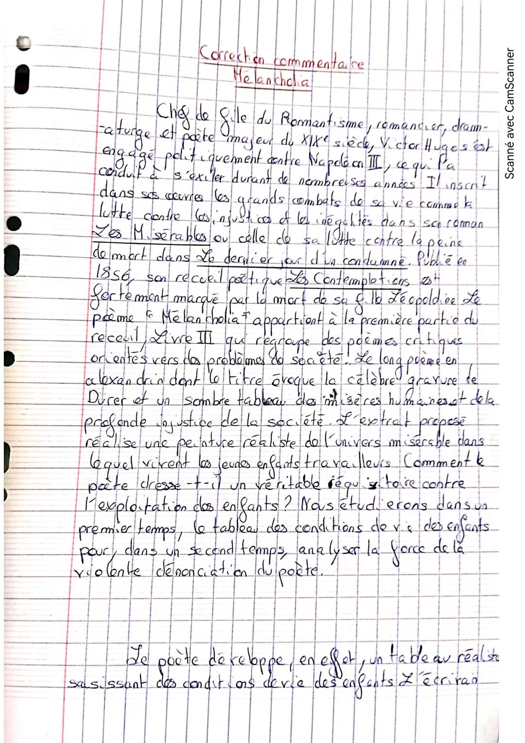 Correction commentaire
Melancholia
dram-
Chef de gule du Romant some, romancier,
-a turge et parte majeur du XIXe siece, Victor Huges est
en