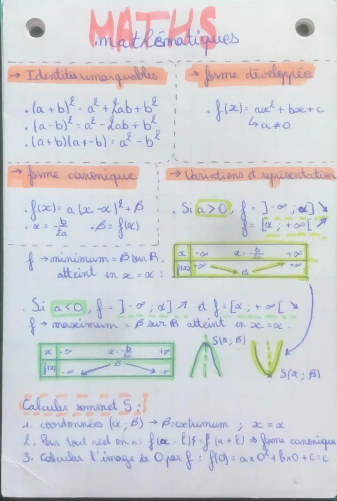 Identites remarquables
• (a + b)² = a² + ab + b²
• (a - b)²= a² - 2ab + b ²
.(a+b)lat-b) = a²-b²
forme canonique
• f(x)= a (x -xx1² + B
b
•B