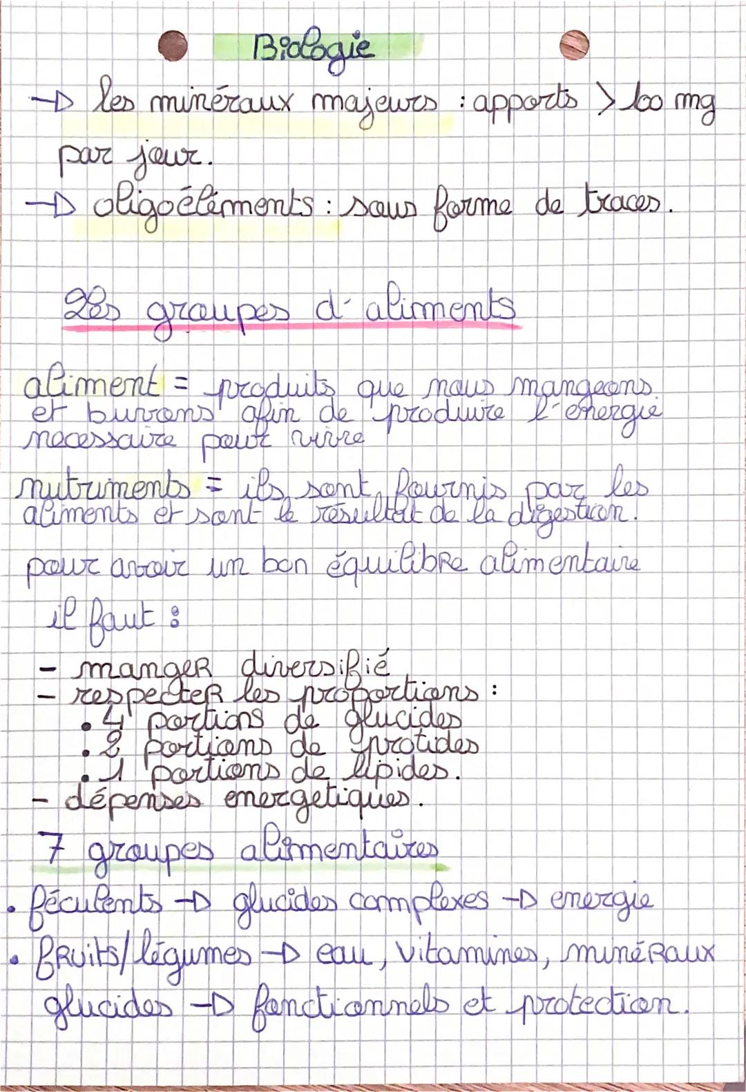 Biologie
→ les minéraux majeurs : apports > 100 mg
par jour.
→ oligoéléments: sous forme de traces.
28s groupes d'aliments
aliment = prod