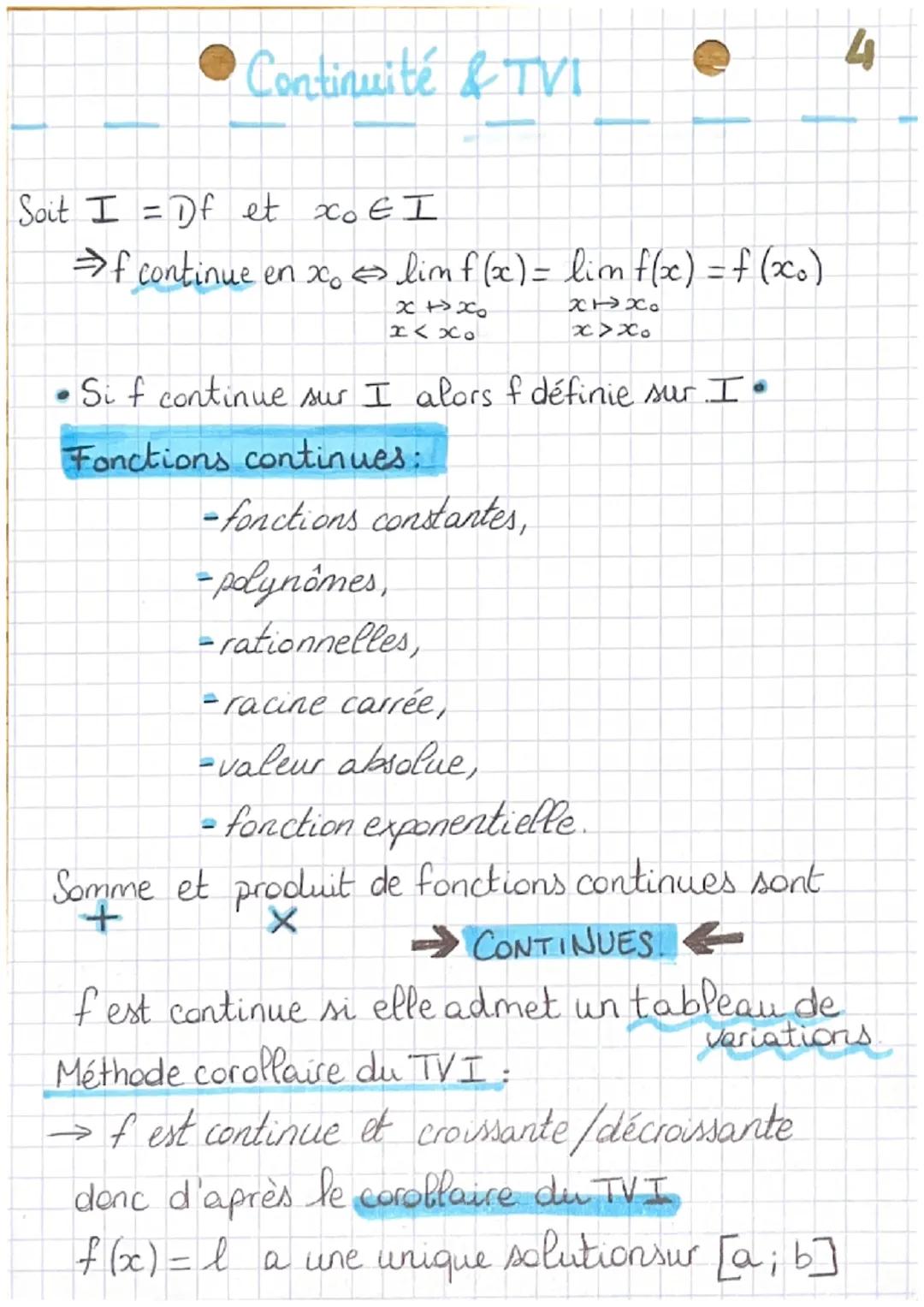 # Continuité & TVI
Soit I = Df et xo EI
⇒f continue en $x_0 \Leftrightarrow lim_{x \to x_0 \atop x< x_0} f(x) = lim_{x \to x_0 \atop x> x_