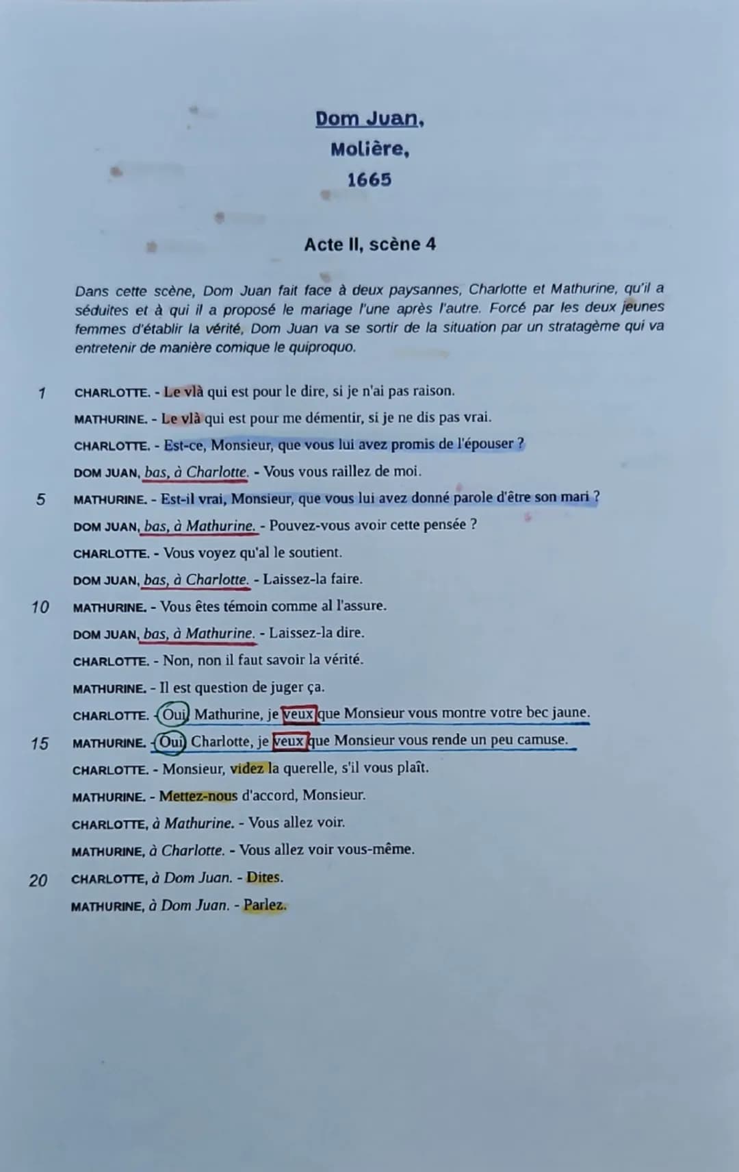 Dom Juan,
Molière,
1665
Acte II, scène 4
Dans cette scène, Dom Juan fait face à deux paysannes, Charlotte et Mathurine, qu'il a
séduites et