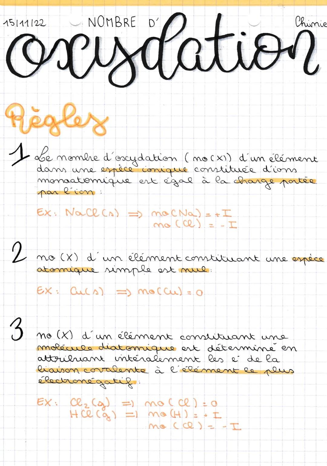 oxydation
Règles
1 Le nombre d'oxydation (no (x1) d'un élément
dans une
espèce conique constituée d'ions
monoatomique est égal à la charge p