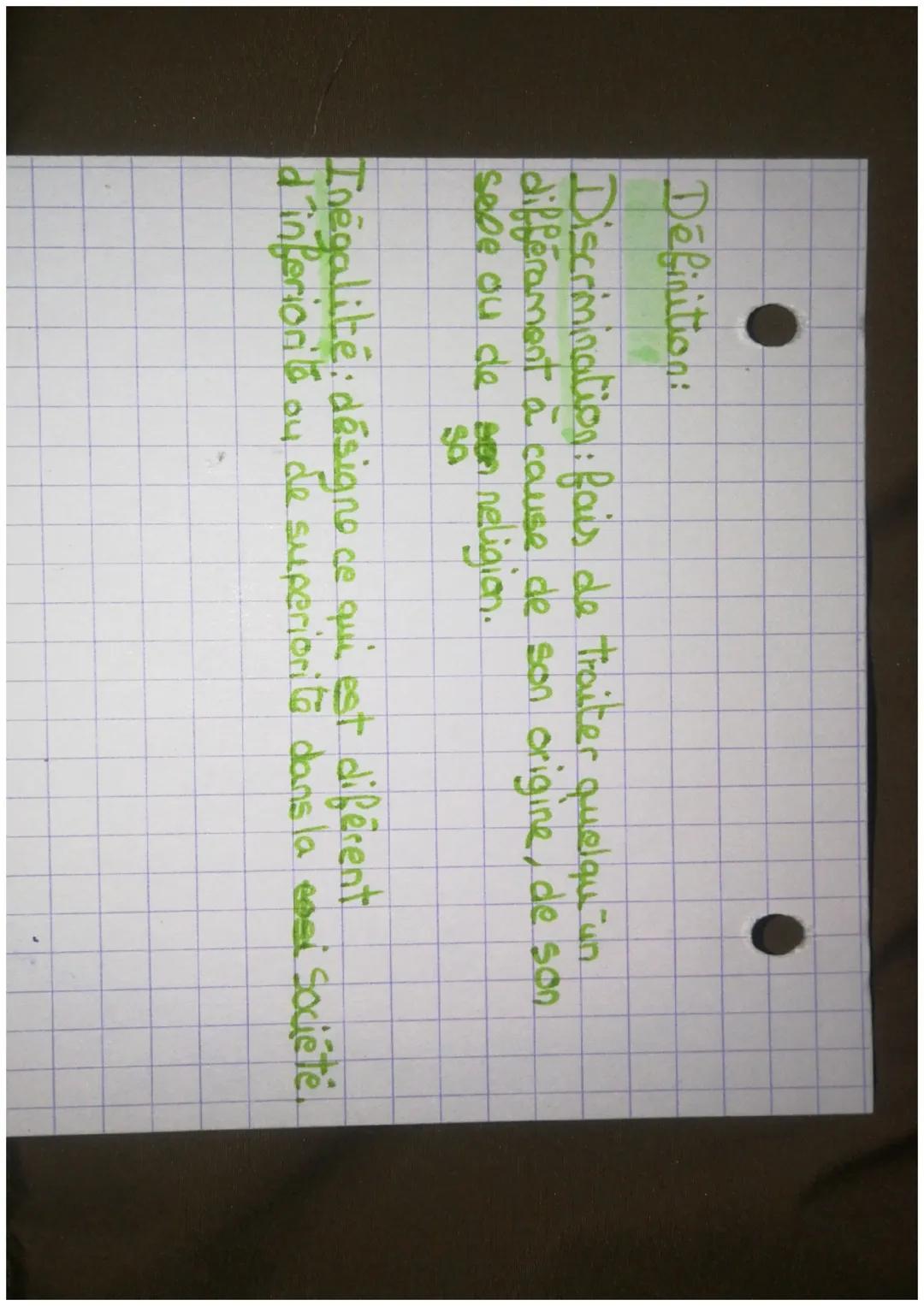 Définition:
Discrimination: fais de traiter quelqu'un
différament à cause de son origine, de son
sexe ou de son religion.
Inégalité: désig