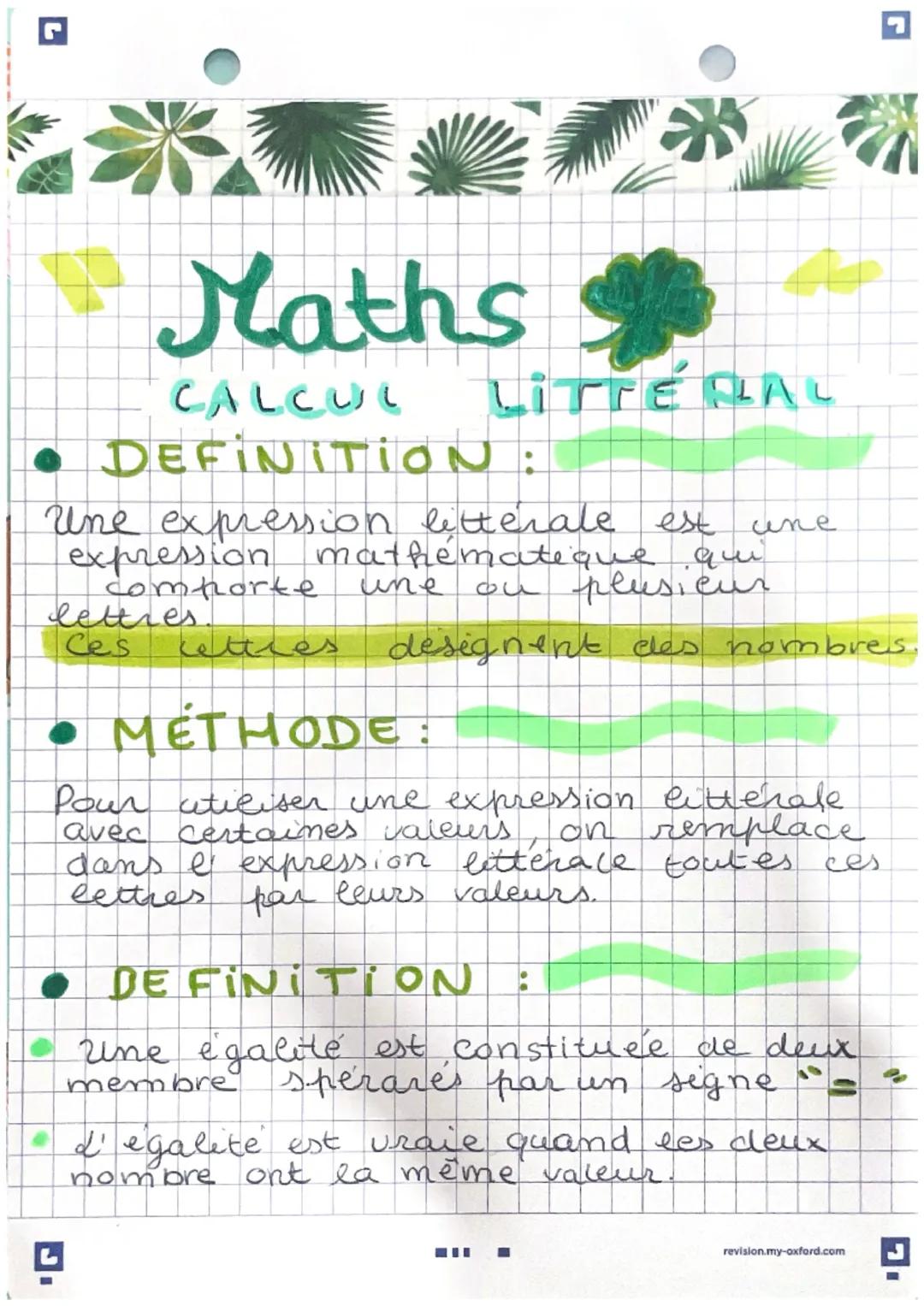 ☑
Maths
CALCUL
LITTÉRAL
• DEFINITION:
une
Une expression litterale est
expression mathematique qui
une ou plusieur
Comporte
lettres
Ces
kett