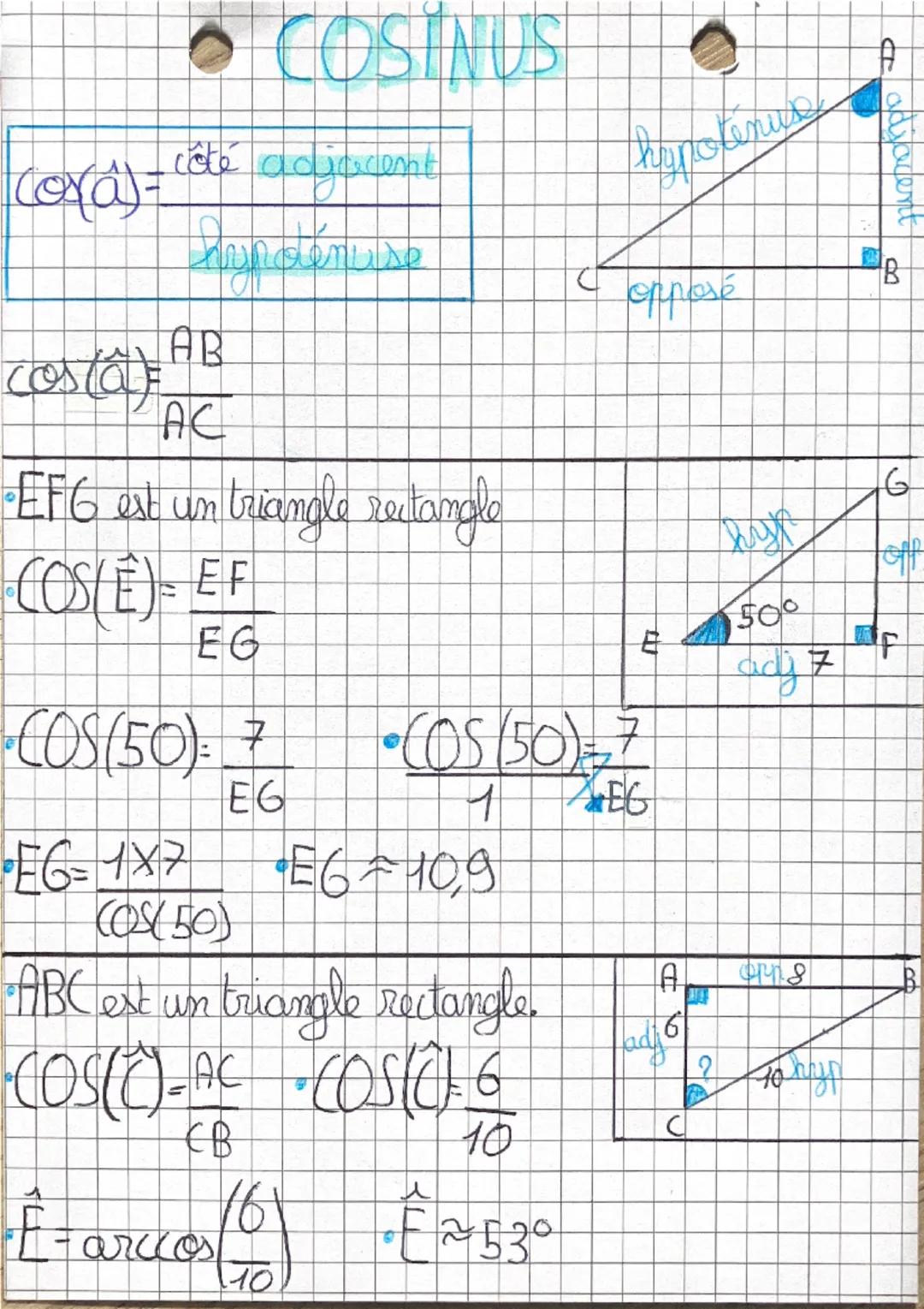 • COSINUS
Jadent
cora)=
côté adjacent
Mypotenus
appaenure
opposé
B
costa)
AB
AC
•EFG est un triangle rectangle
COSE EF
EG
•COS(50) 7
EG
•(05