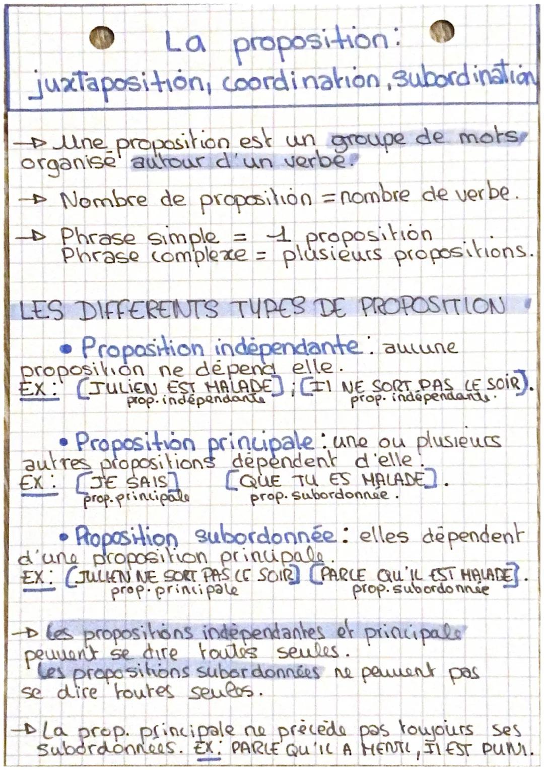 La proposition:
juxtaposition, coordination, subordination
→ Une proposition est un groupe de mots
organise autour d'un verbe
Nombre de prop