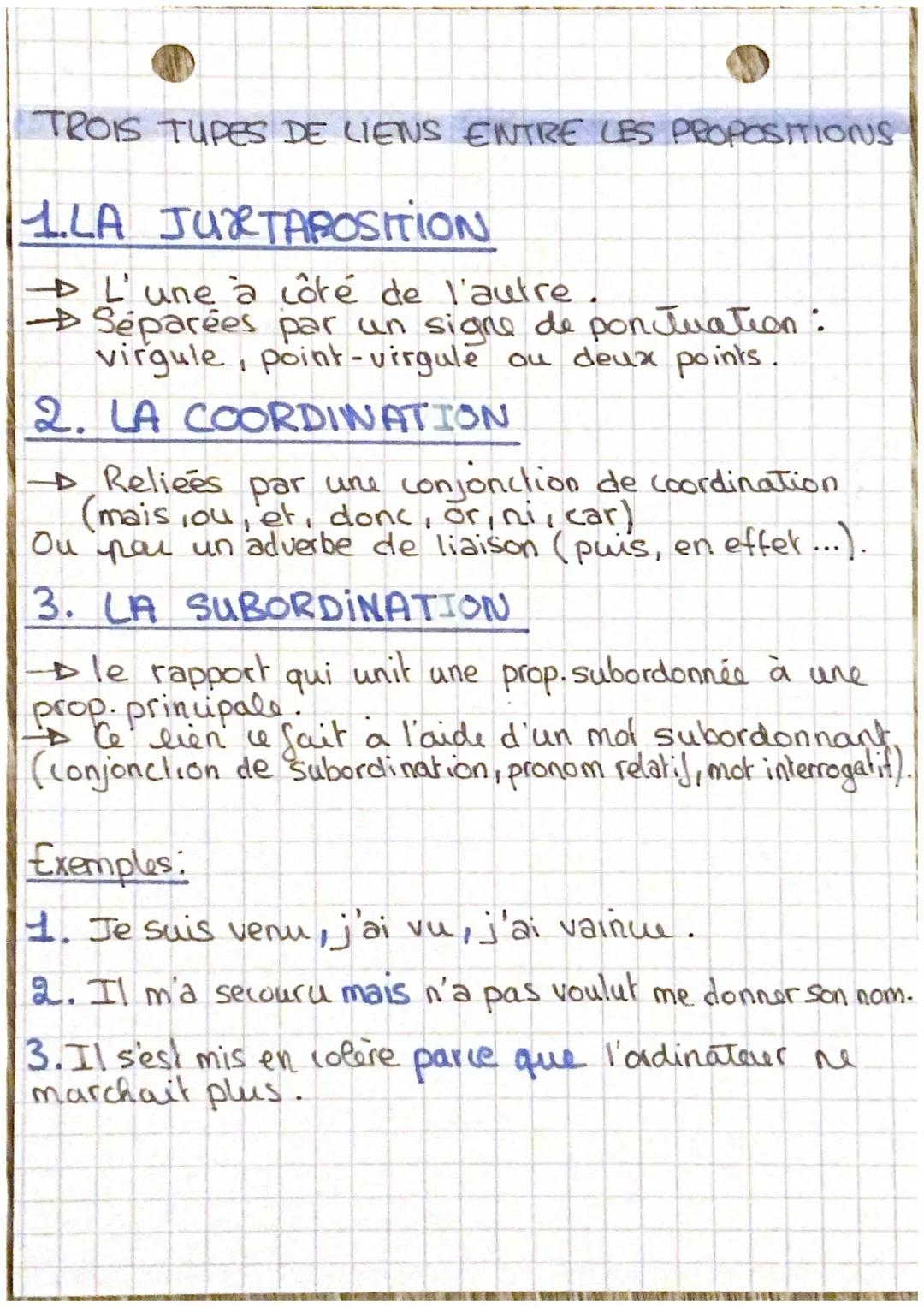La proposition:
juxtaposition, coordination, subordination
→ Une proposition est un groupe de mots
organise autour d'un verbe
Nombre de prop