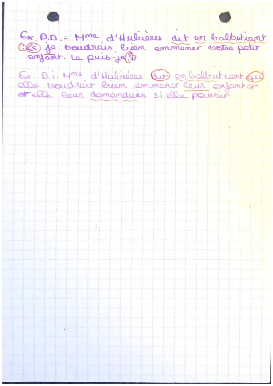 Ex. D.D. Mme d'Hubières det en balbutiamt
je voudrais bien emmener votre petir
enfant. Le puis-je
Ex. D.i. Mme d'Huiles w on ball ut sant
el