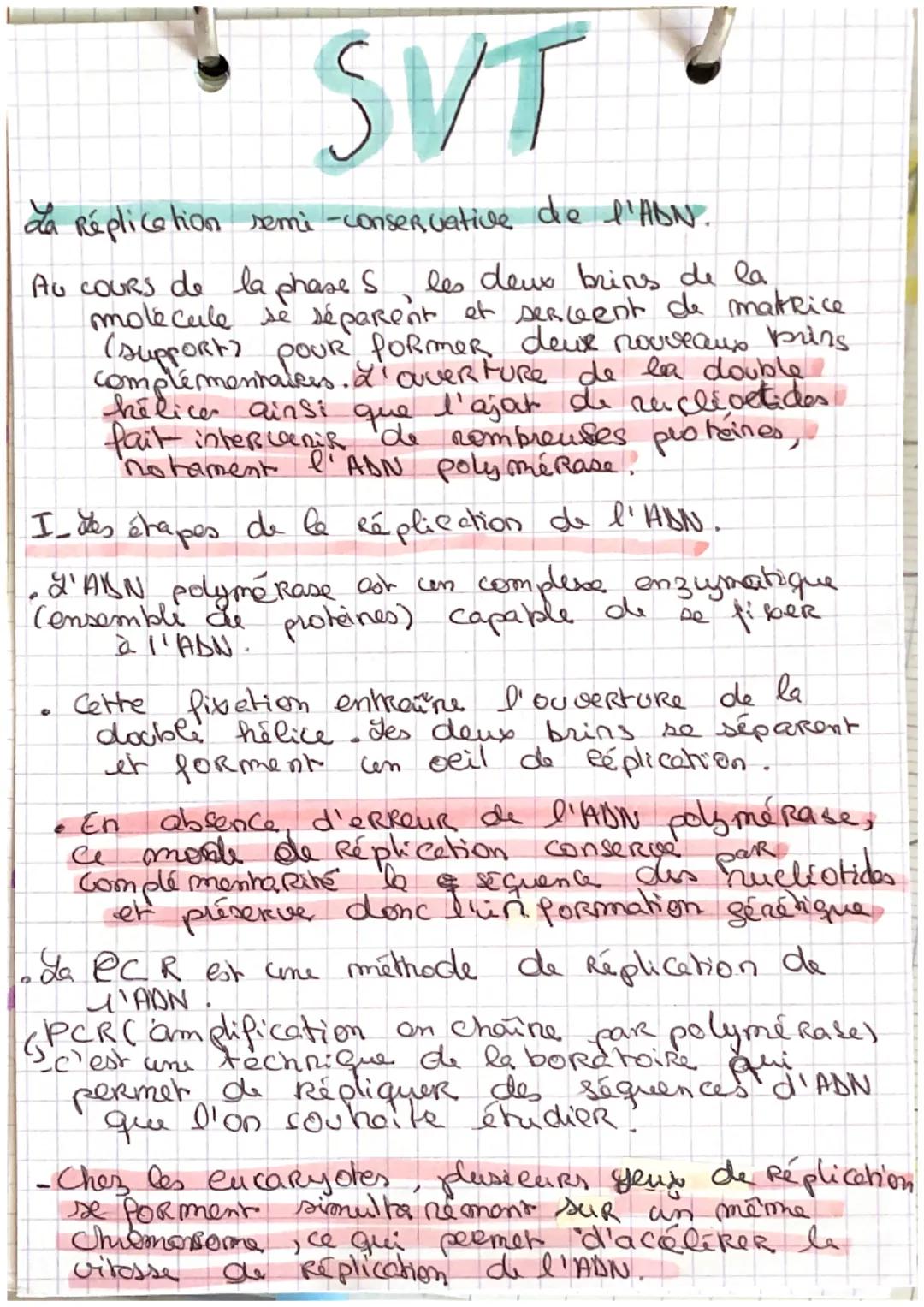 SVT
La Réplication semi-conservative de l'ADN.
AG COURS de la phase S les deux brins de la
molécule se séparent et senceent de matrice
(supp