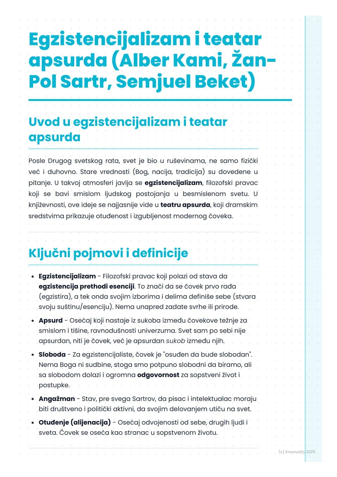 # Egzistencijalizam i teatar
apsurda (Alber Kami, Žan-
Pol Sartr, Semjuel Beket)
Uvod u egzistencijalizam i teatar
apsurda
Posle Drugog sv