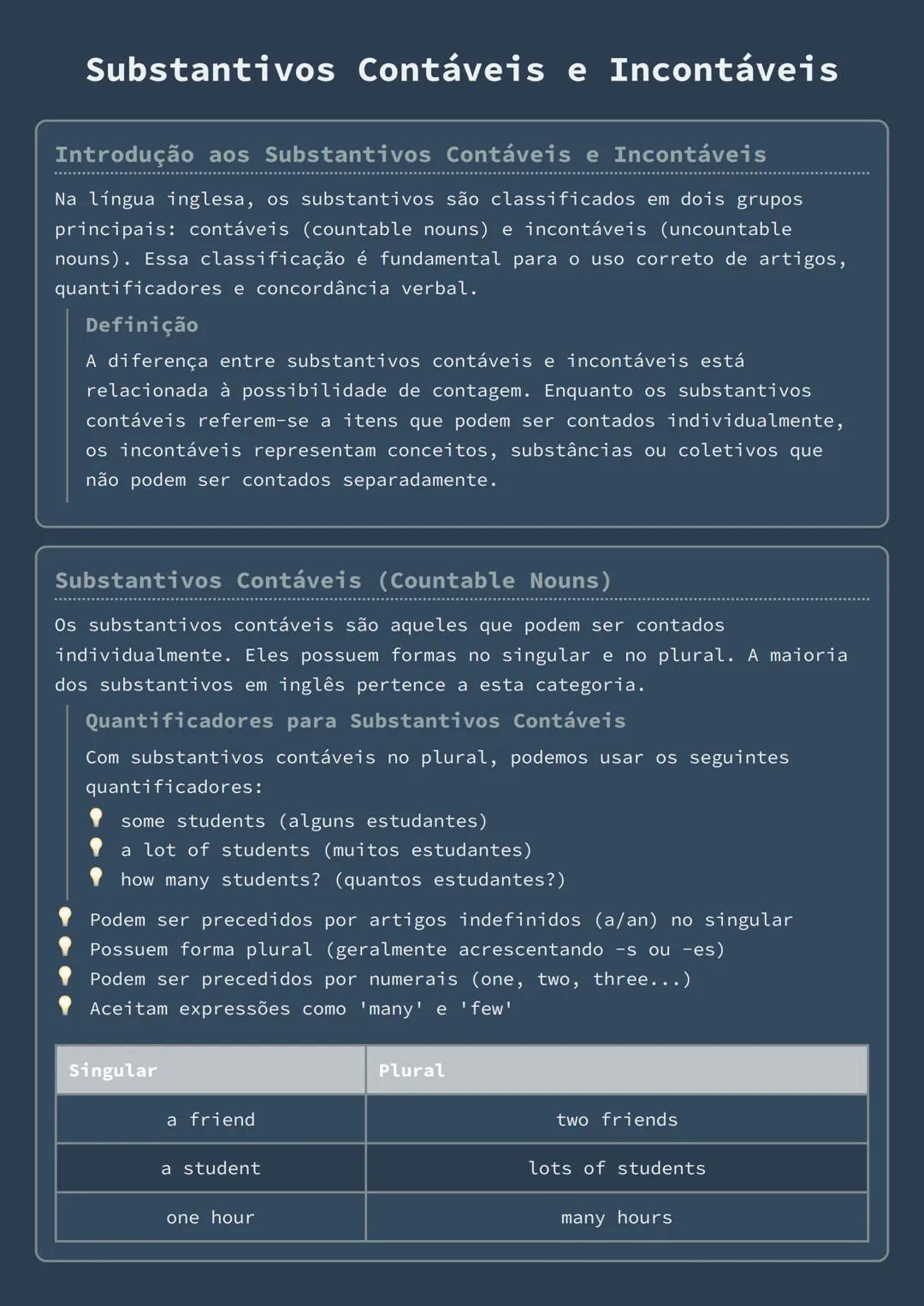 # Substantivos Contáveis e Incontáveis
Introdução aos Substantivos Contáveis e Incontáveis
Na língua inglesa, os substantivos são classifi