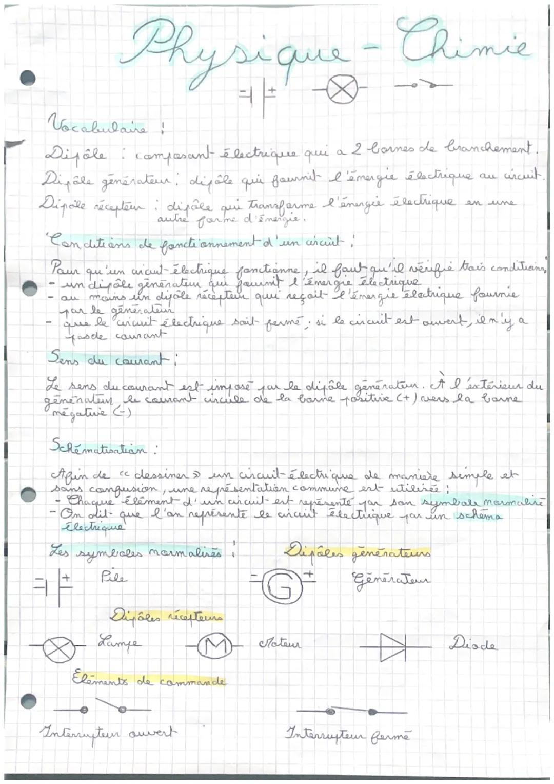 Chimie
Vocabulaire !
:
au circuit.
Dipôle composant électrique que a 2 bornes de branchement
Dipôle générateur dépôle que fournit l'énergie