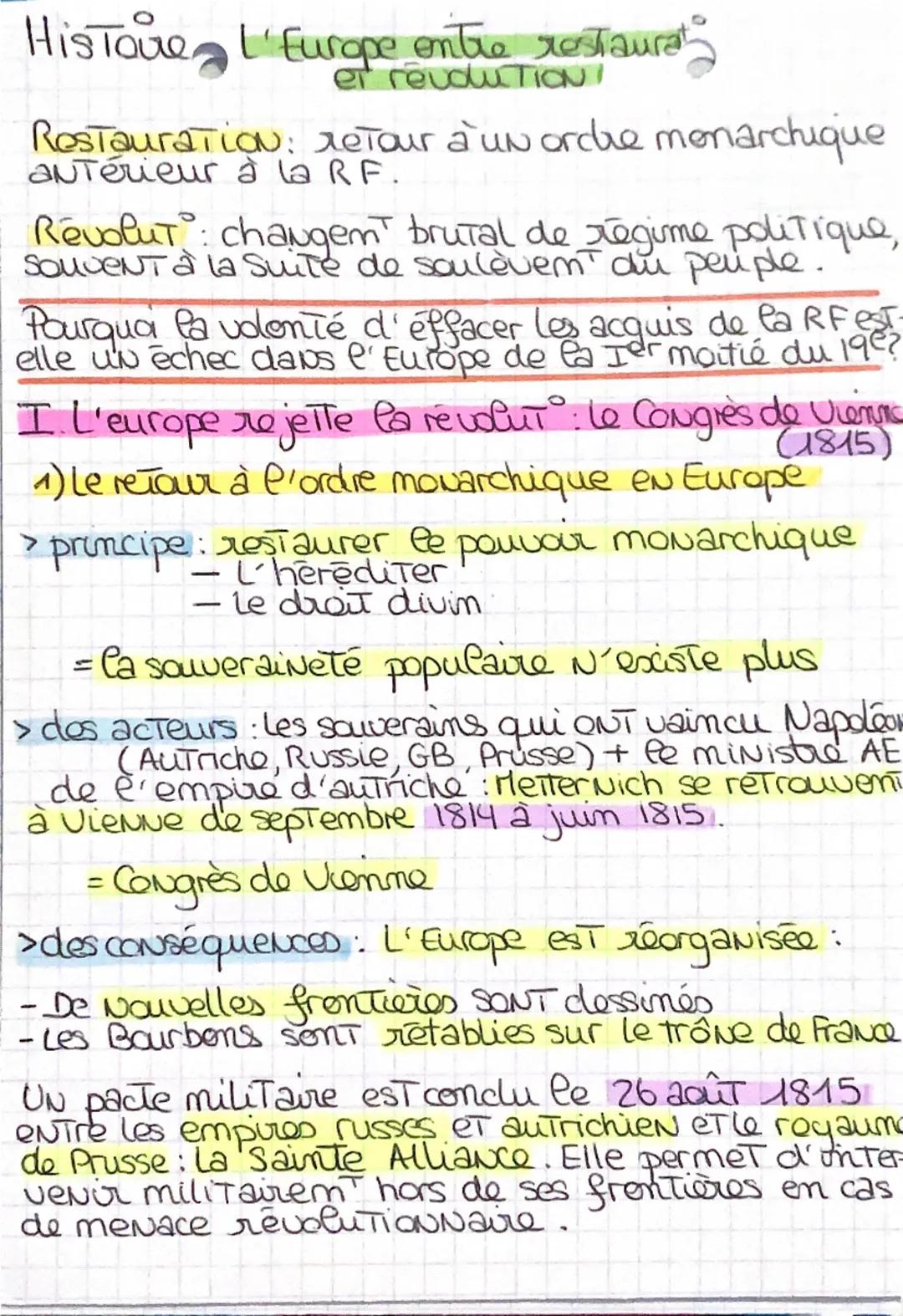Histoire l'Europe entre restaurat
er revoluTION/
Restauration: retour à un orche monarchique
autérieur à la RF.
Revolut changem brutal de ré