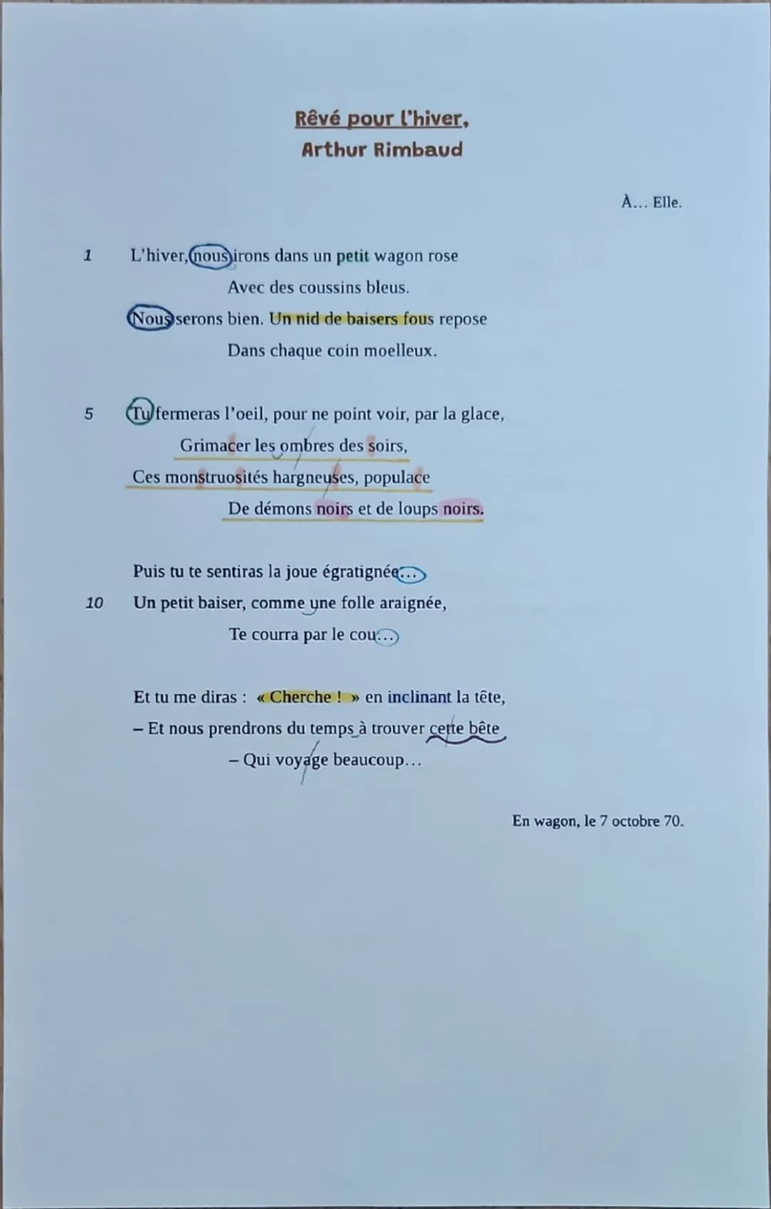 Rêvé pour l'hiver,
Arthur Rimbaud
1
L'hiver, nous irons dans un petit wagon rose
Avec des coussins bleus.
Nous serons bien. Un nid de baise