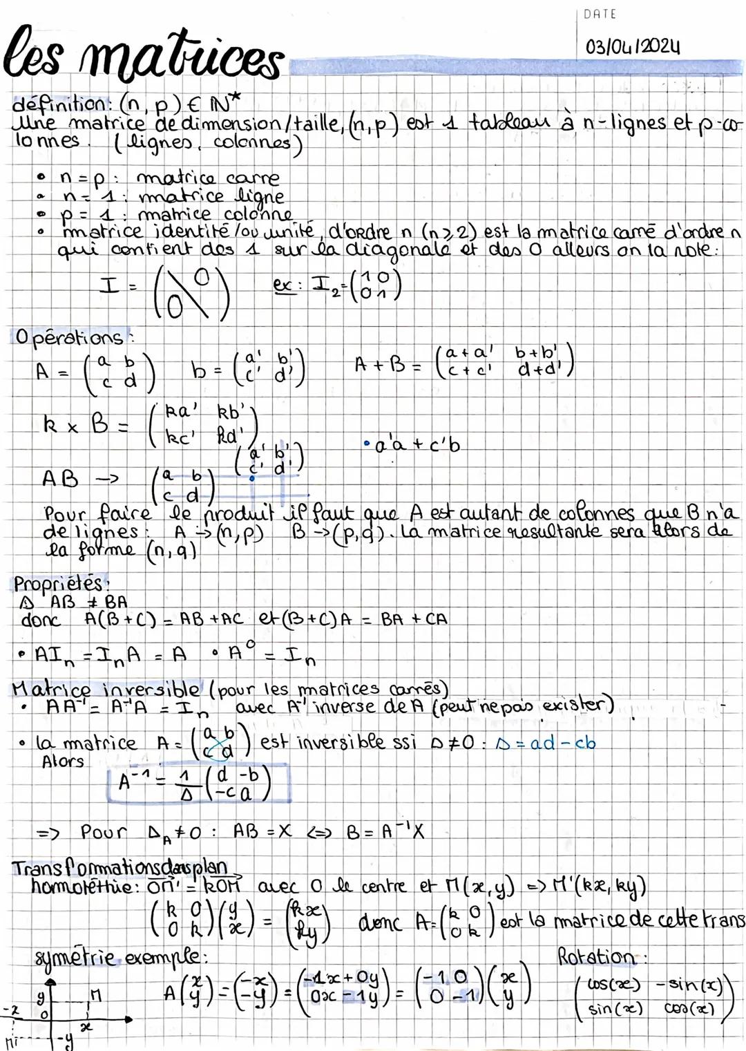 DATE
les matrices
définition: (n,p) € N*
03/04/2024
une matrice de dimension/taille, (n,p) est 1 tableau a n-lignes et p-co-
lonnes (lignes,