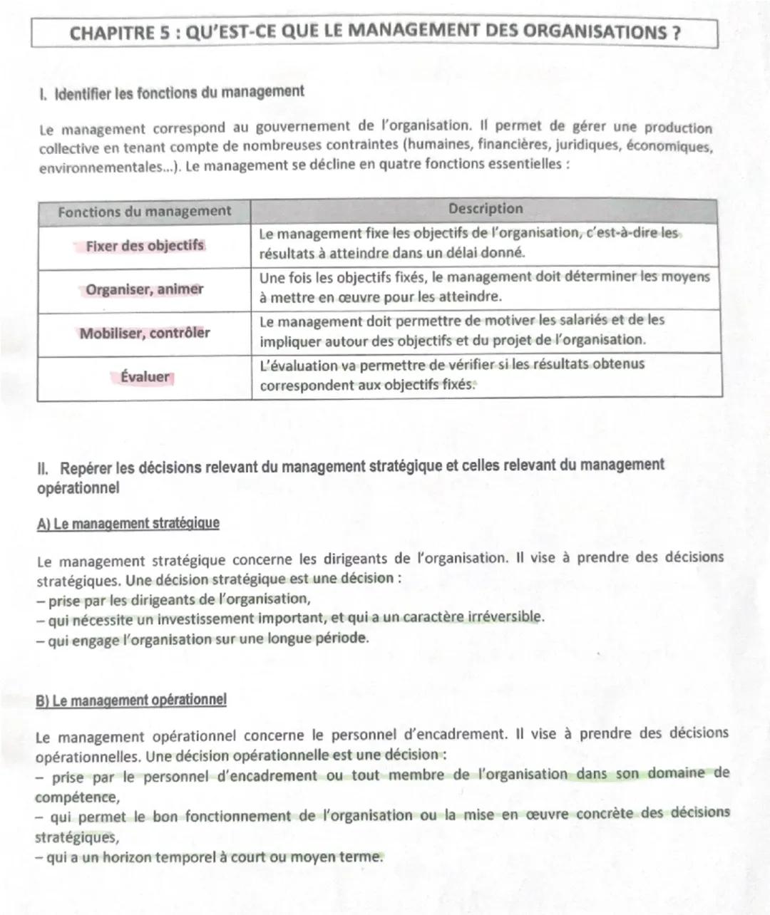 CHAPITRE 5: QU'EST-CE QUE LE MANAGEMENT DES ORGANISATIONS?
I. Identifier les fonctions du management
Le management correspond au gouvernemen
