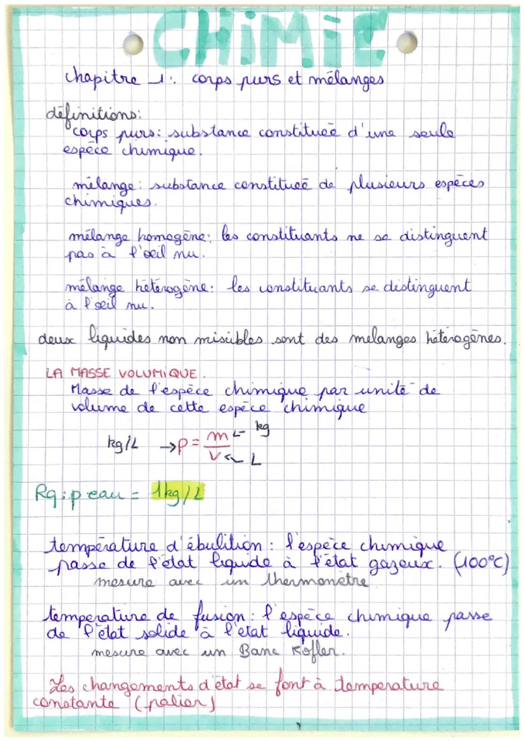 chapitre 1. corps purs et mélanges
definitions:
corps purs: substance constituée d'une seule
espece chimique.
mélange: substance constitué