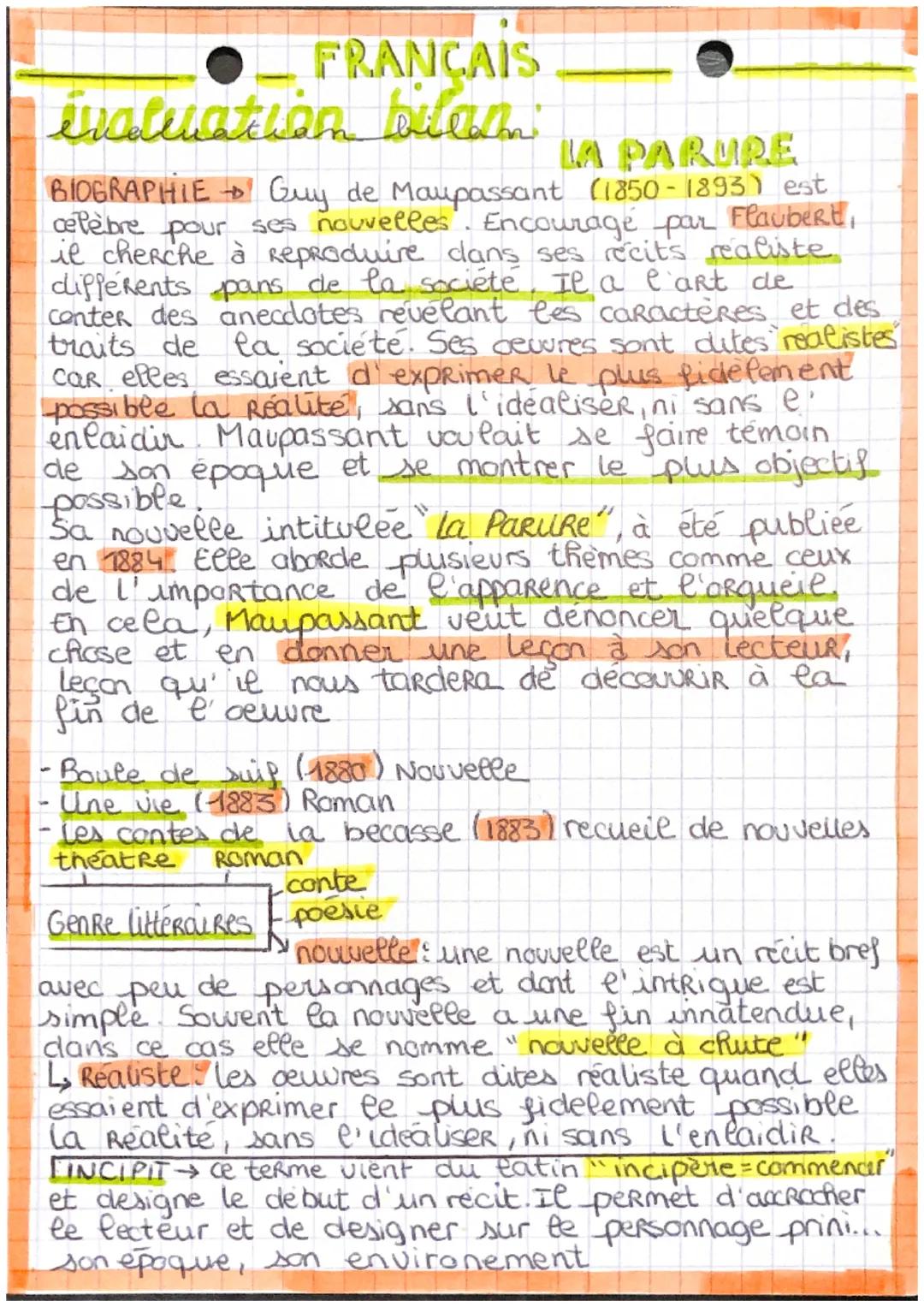 FRANCAIS
evaluation bila
LA PARURE
BIOGRAPHIE → Guy de Maupassant (1850-1893) est
celebre pour ses nouvelles. Encourage par Flaubert,
il che