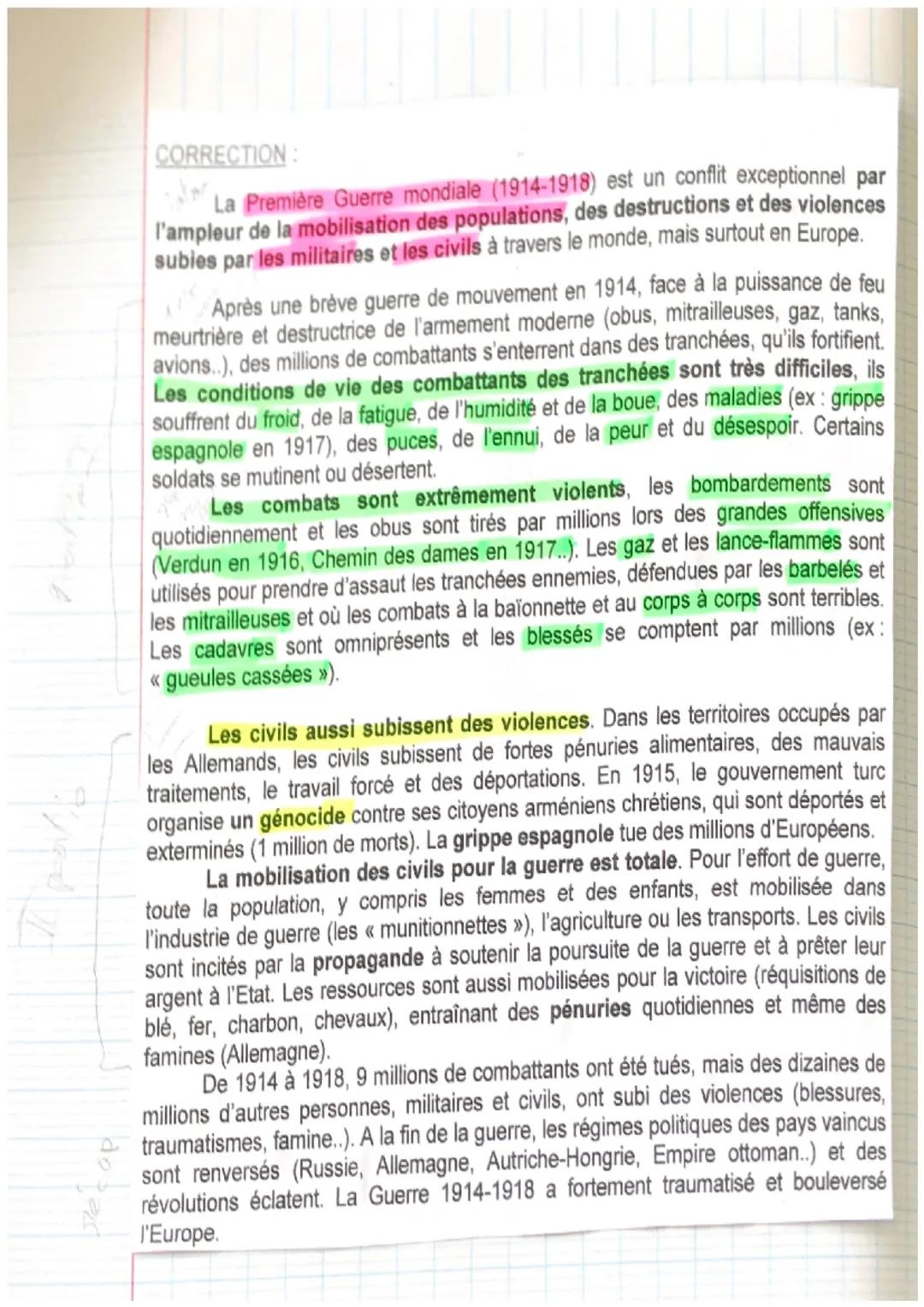 CORRECTION:
La Première Guerre mondiale (1914-1918) est un conflit exceptionnel par
l'ampleur de la mobilisation des populations, des destr