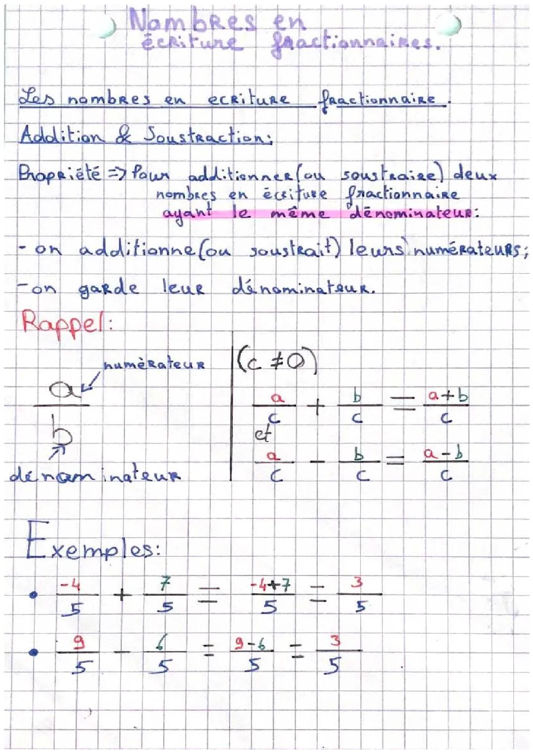 Mathématiques, nombres en écriture fractionnaire