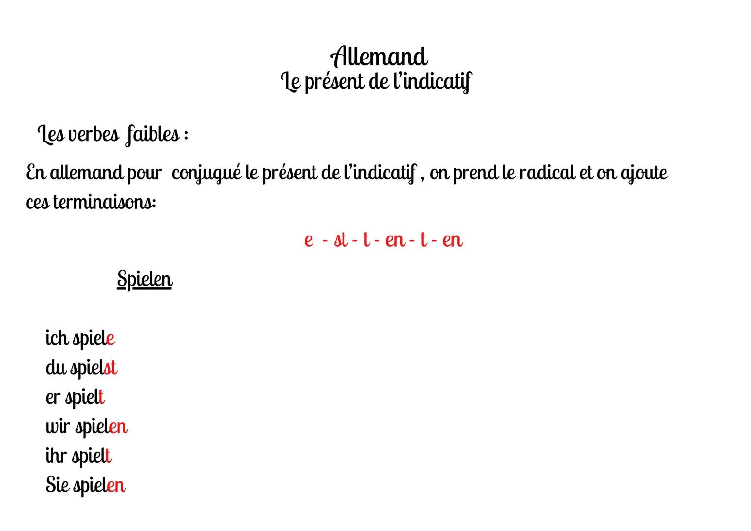 # Allemand
# Le présent de l'indicatif
Les verbes faibles :
En allemand pour conjugué le présent de l'indicatif, on prend le radical et on a