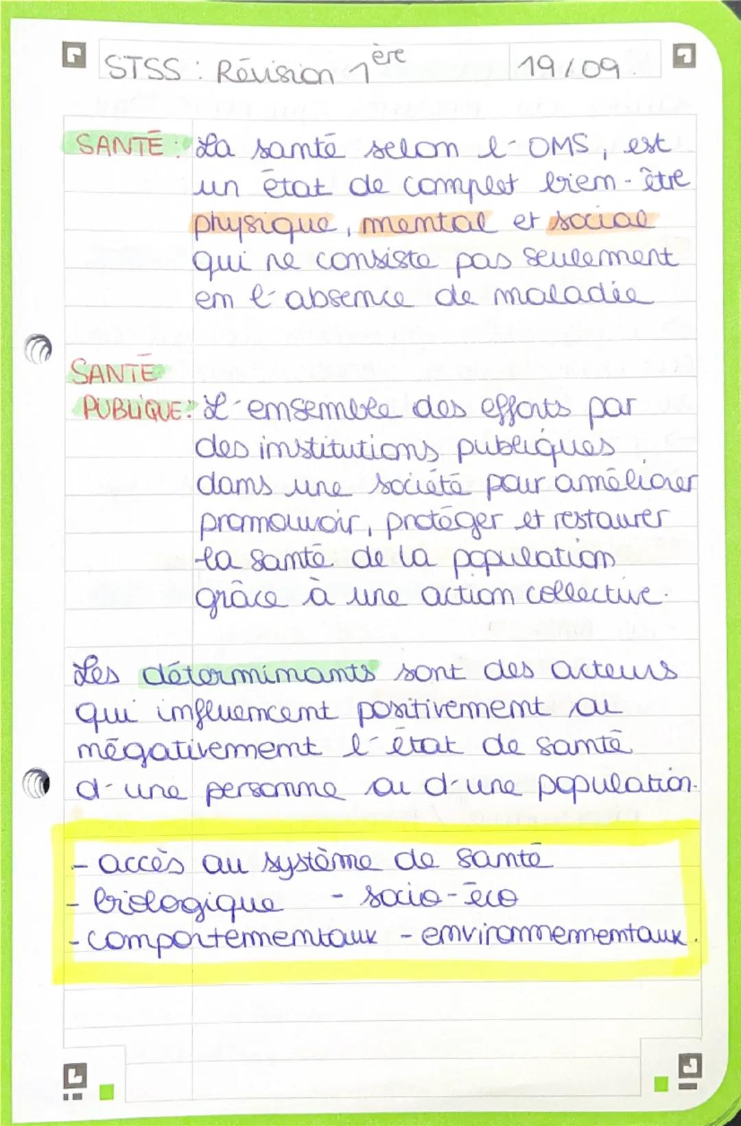 STSS: Révision jère
19/09
SANTE: La santé selon l'OMS, est
SANTE
un état de complet bien-être
physique, mental et social
qui ne consiste pas