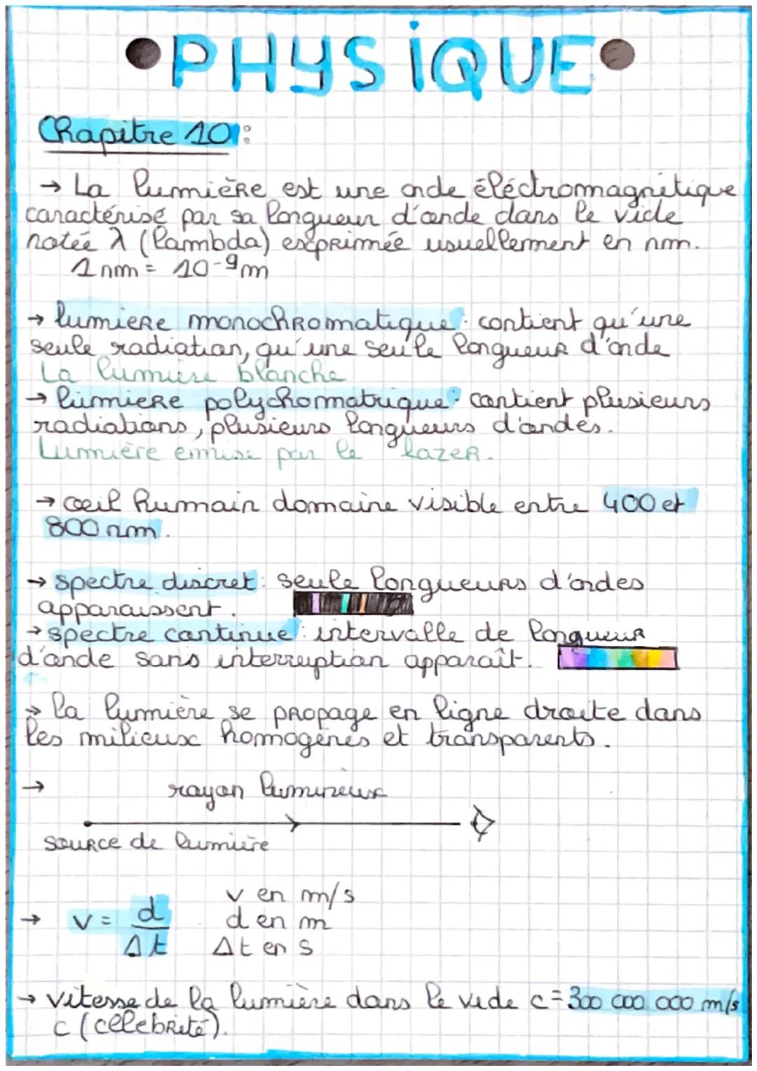# •PHYSIQUE •
Rapitre 10:
→ La lumière est une onde éléctromagnetique
caractérisé par sa longueur d'cende dans le vide
notée $\lambda$ (la