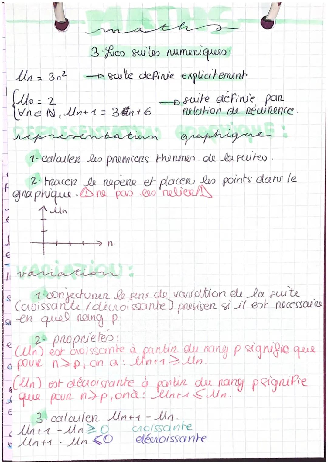 maths
3. Les suites numeriques
Un = 3n2
→ suite definie explicitement
{
Mo=2
Une N, Mn+1=3n+6
→ suite définie pan
nelation de névinence.