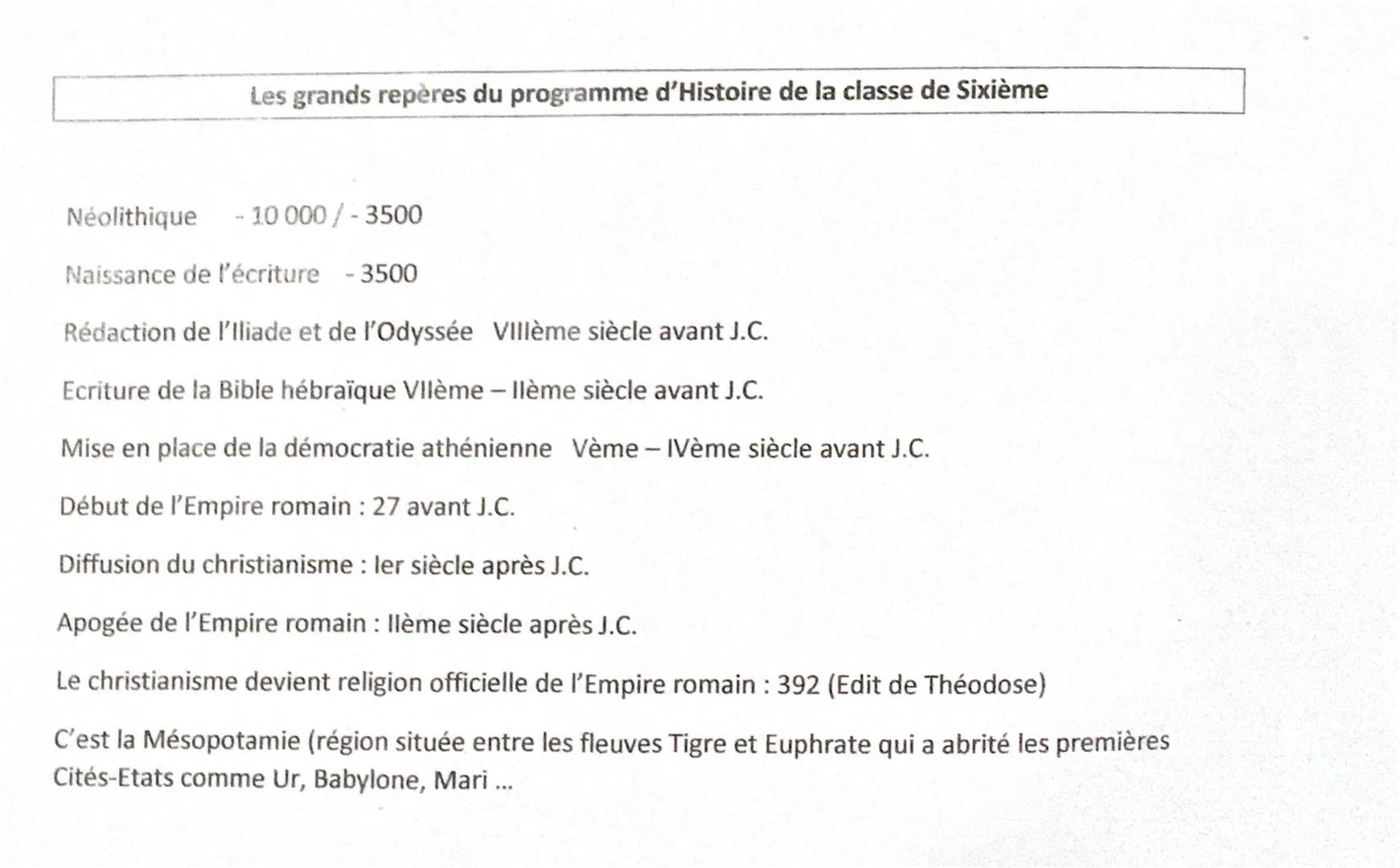 Les grands repères du programme d'Histoire de la classe de Sixième
Néolithique
- 10 000/- 3500
Naissance de l'écriture - 3500
Rédaction de l
