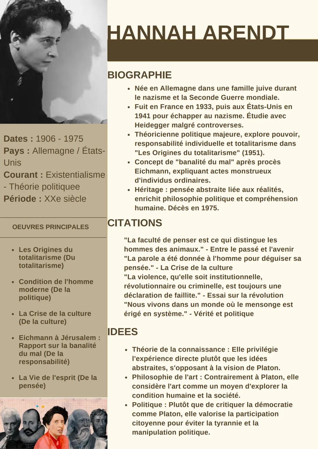 Dates: 1906 - 1975
Pays : Allemagne / États-
Unis
Courant : Existentialisme
- Théorie politiquee
Période : XXe siècle
OEUVRES PRINCIPALES
•