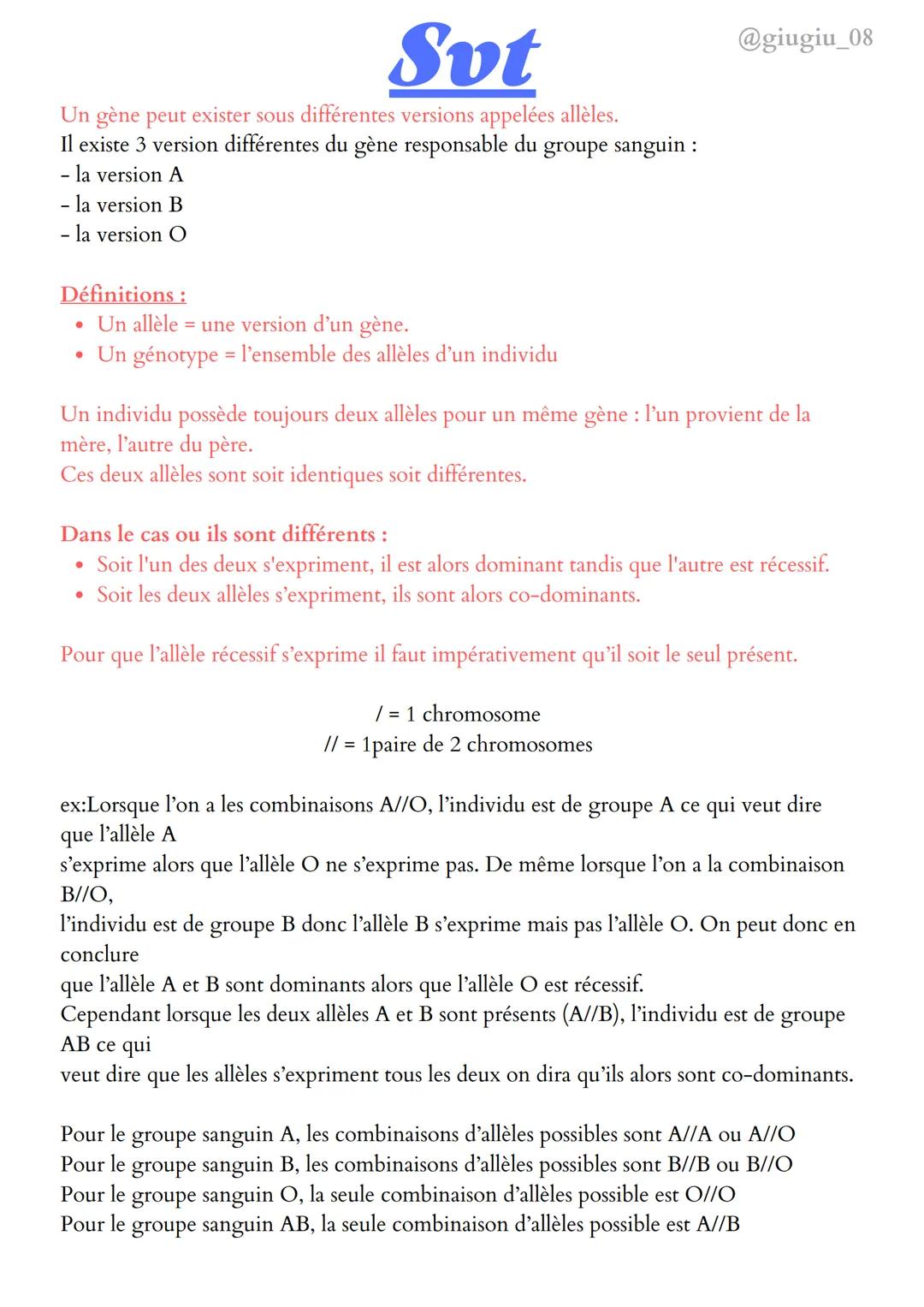 Svt
Un gène peut exister sous différentes versions appelées allèles.
Il existe 3 version différentes du gène responsable du groupe sanguin :