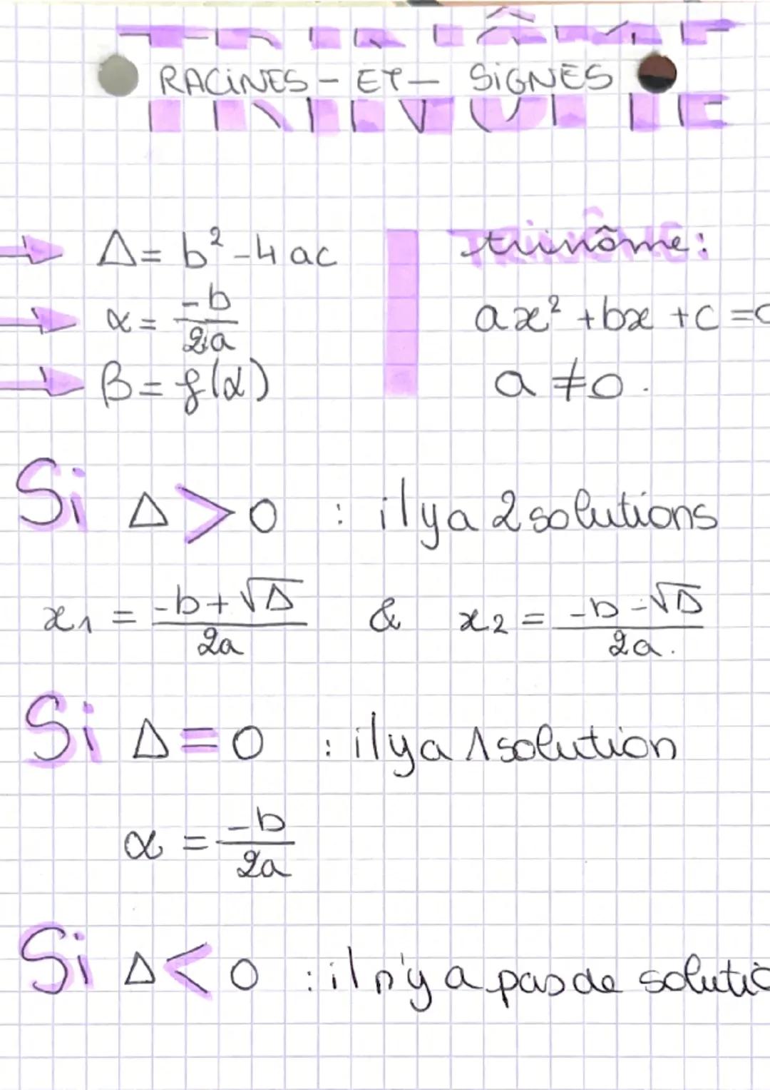 RACINES-ET- SIGNES
2 A=b²-4ac
-b
Ga
~ B= g(α)
stuenôme:
ax² +bx+c =C
a to
Si Ado ily a 2 solutions
!
x₁ ==b+√D &
Za
x2 =
-b-vD
2a.
Si A=0 :