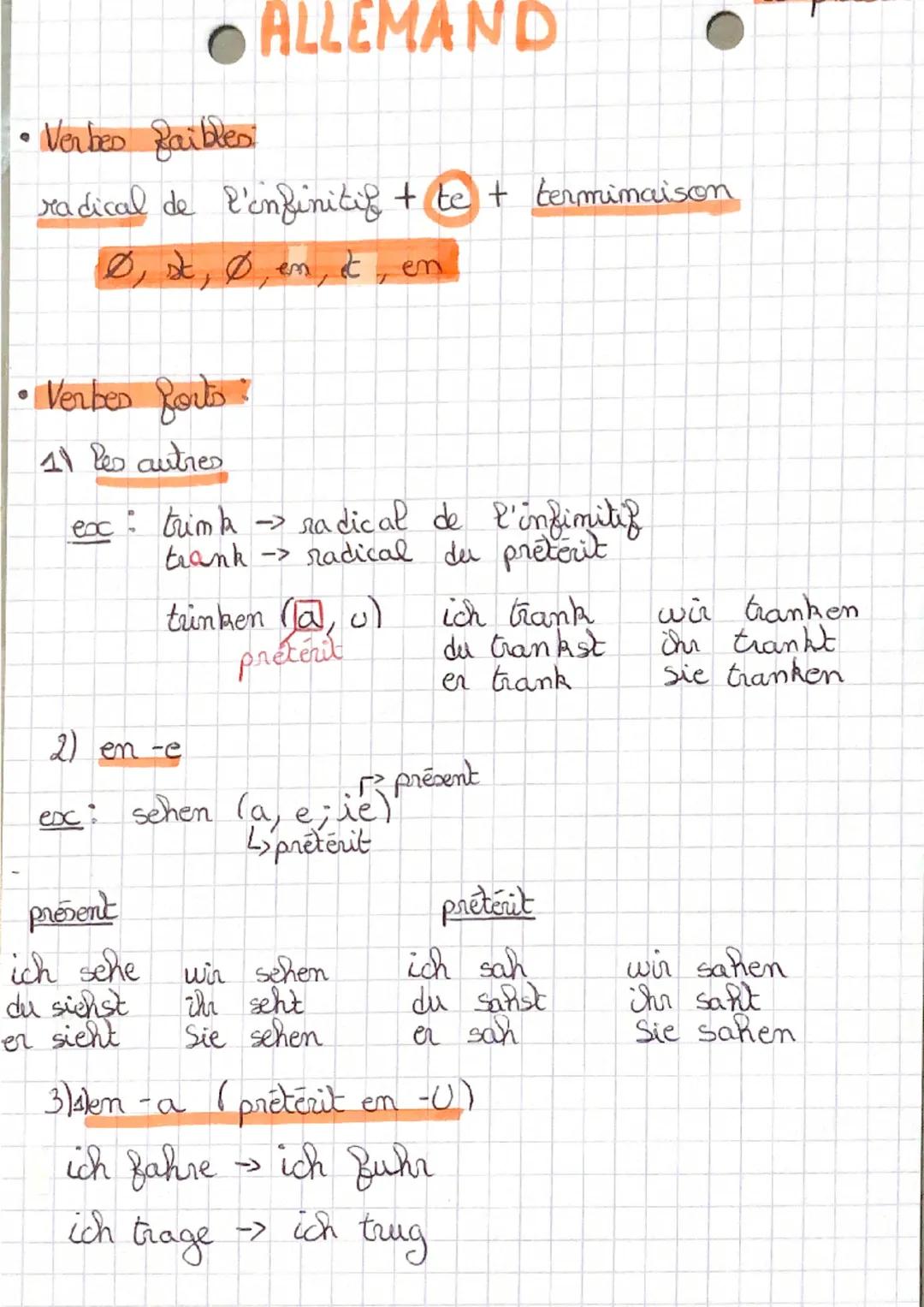 • Verbes faibles:
radical de l'infinitif + te + terminaison
• Verber forts?
11 les autres
ALLEMAND
présent
ich sehe
du siehst
er sieht
T
->