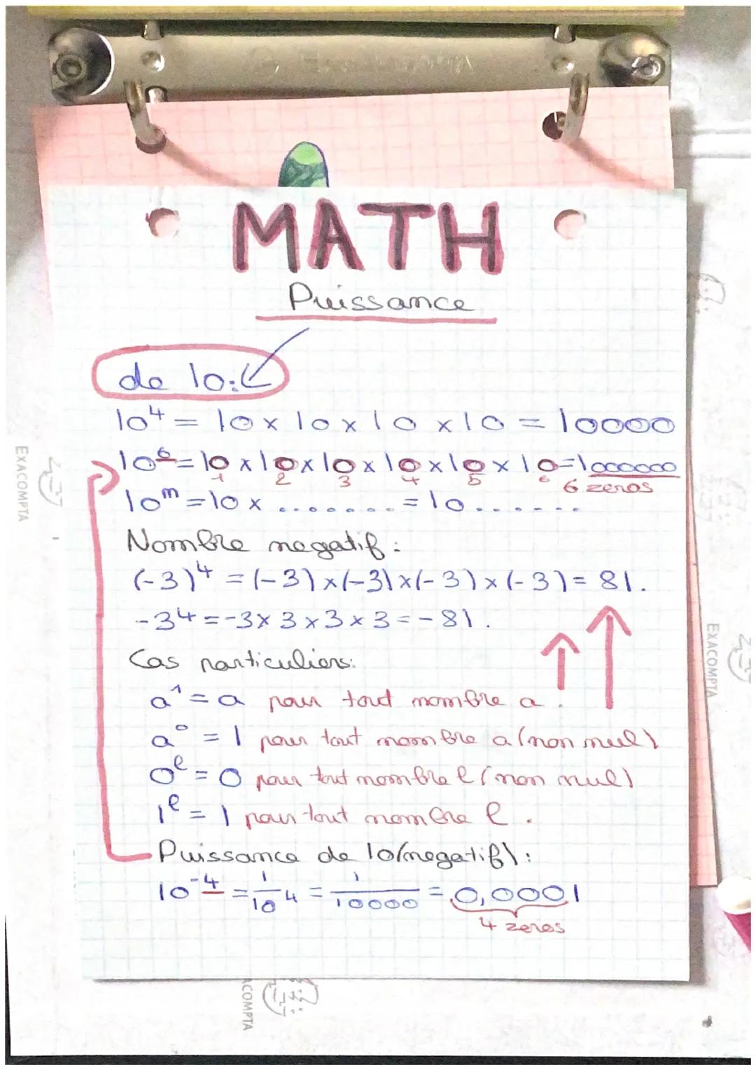EXACOMPTA
· ΜΑΤΉ
Puissance
5
de 10.
10²4 = 1oxloxlox10=10000
lo-loxloxloxloxlox10=1000.000
3
lom=lox....... 10..
6
Nombre negatif.
(-3) = (-
