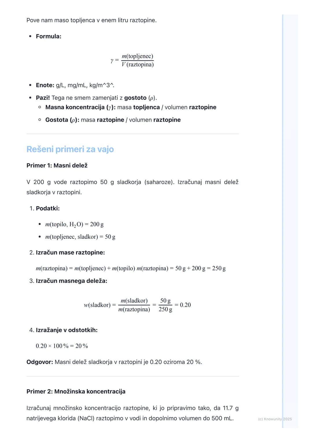 # Koncentracije raztopin
Uvod v koncentracije raztopin
Koncentracija raztopine nam pove, koliko topljenca je raztopljenega v določeni
koli