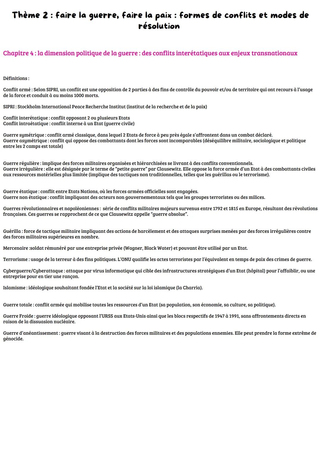 # Thème 2: faire la guerre, faire la paix: formes de conflits et modes de
résolution
Chapitre 4: la dimension politique de la guerre: des c