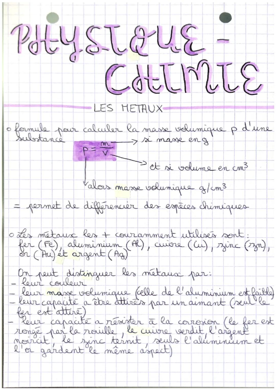 # PHYSTOUE-
# CHIMTE
LES METAUX
* formule pour calculer la masse volumique p d'une
Substance
$P=\frac{m}{V}$ $\rightarrow$ si masse en