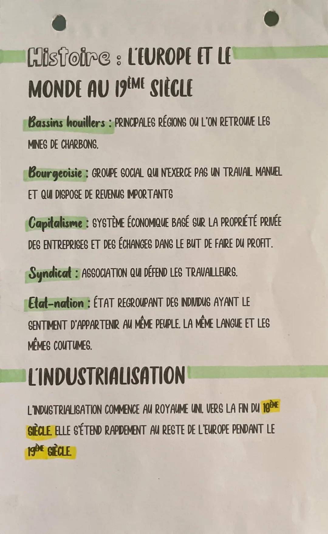# Histoire: L'EUROPE ET LE
MONDE AU 19ÈME SIÈCLE
Bassins houillers: PRINCIPALES RÉGIONS OU L'ON RETROUVE LES
MINES DE CHARBONS.
Bourgeoisi