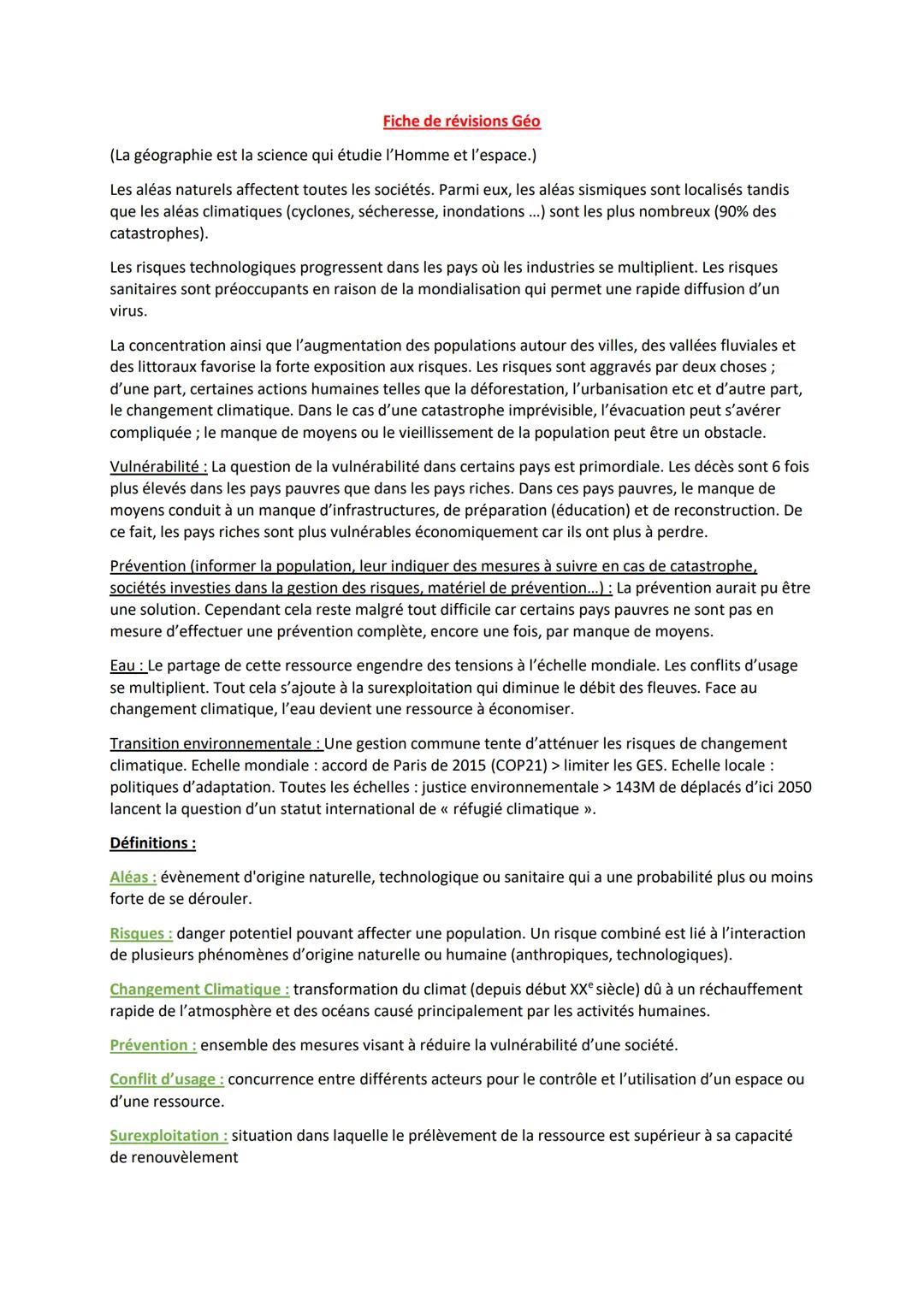 # Fiche de révisions Géo
(La géographie est la science qui étudie l'Homme et l'espace.)
Les aléas naturels affectent toutes les sociétés.